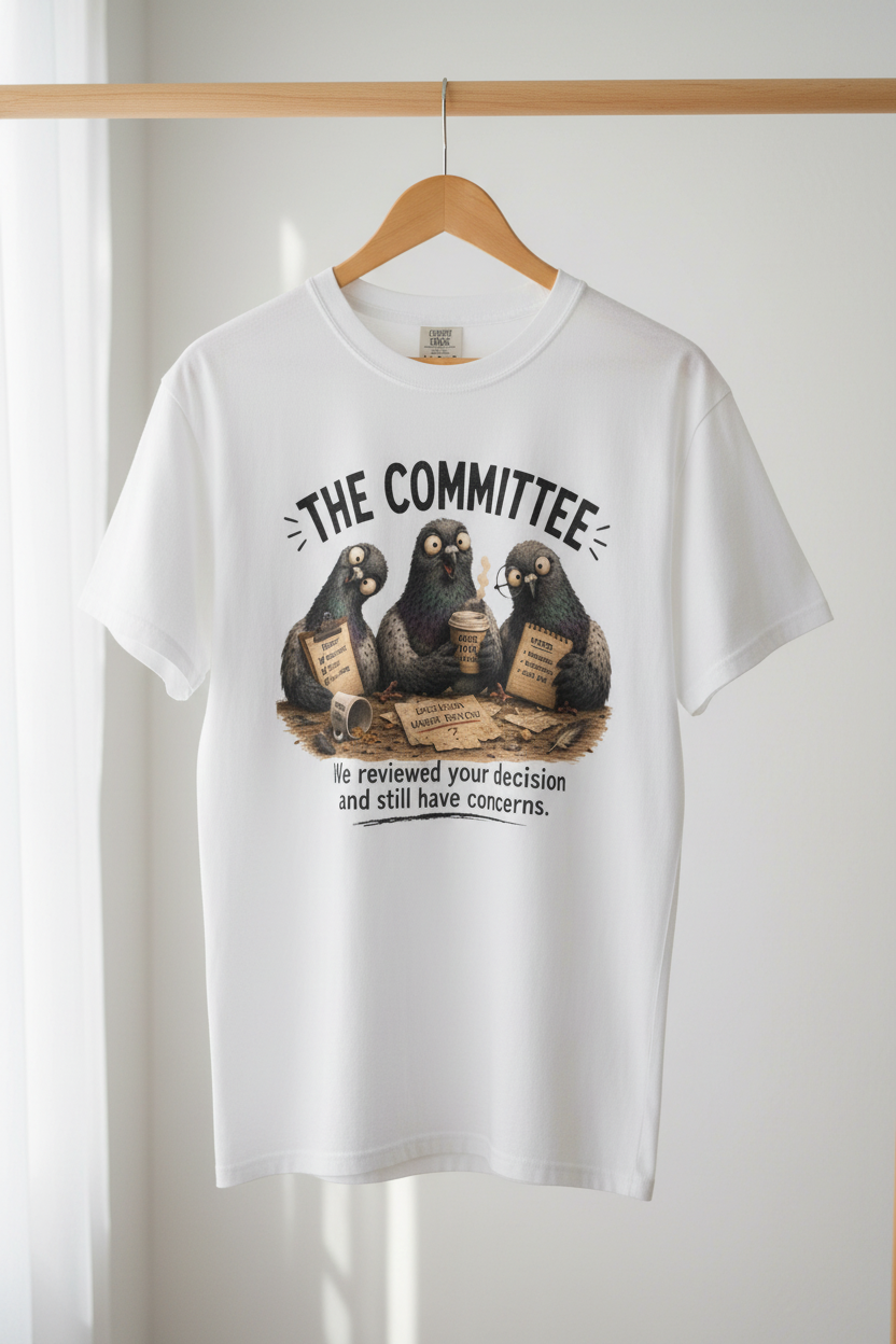 White short-sleeve T-shirt with 'The Committee' pigeon review graphic on front