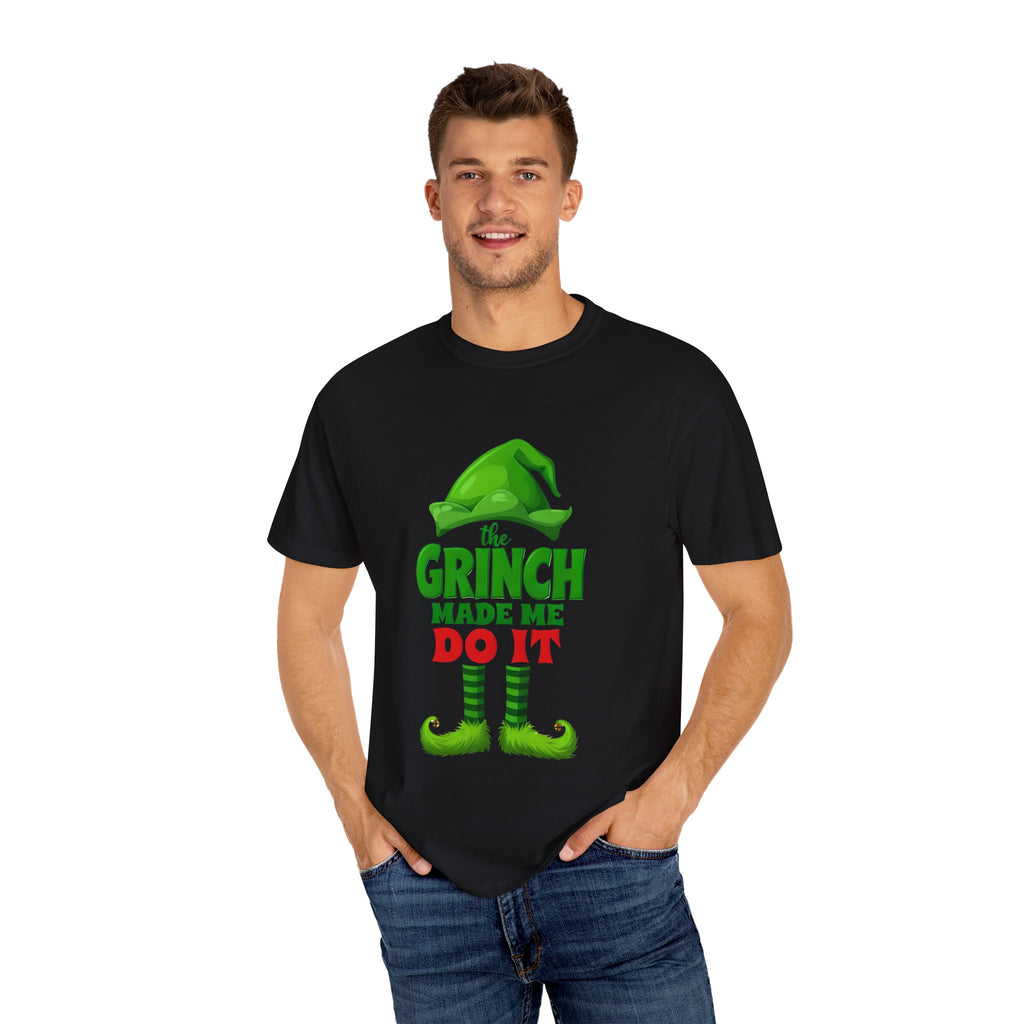 Unisex black T-shirt with large green Grinch graphic and red text on front