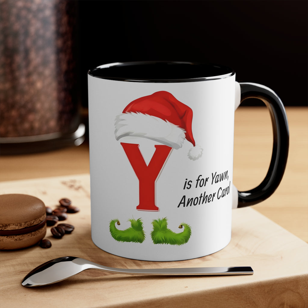 Christmas letter Y mug with Santa hat graphic, red Y, green mustache, black handle
