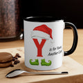Christmas letter Y mug with Santa hat graphic, red Y, green mustache, black handle