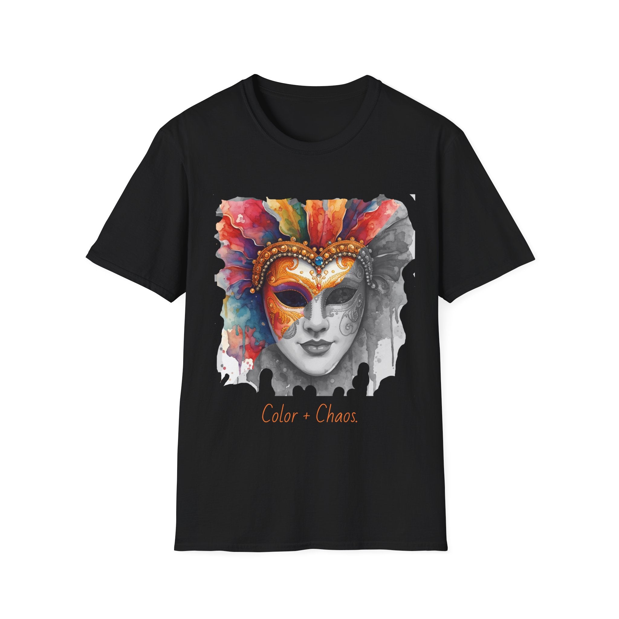 Black face graphic T-shirt with watercolor masquerade mask print on front