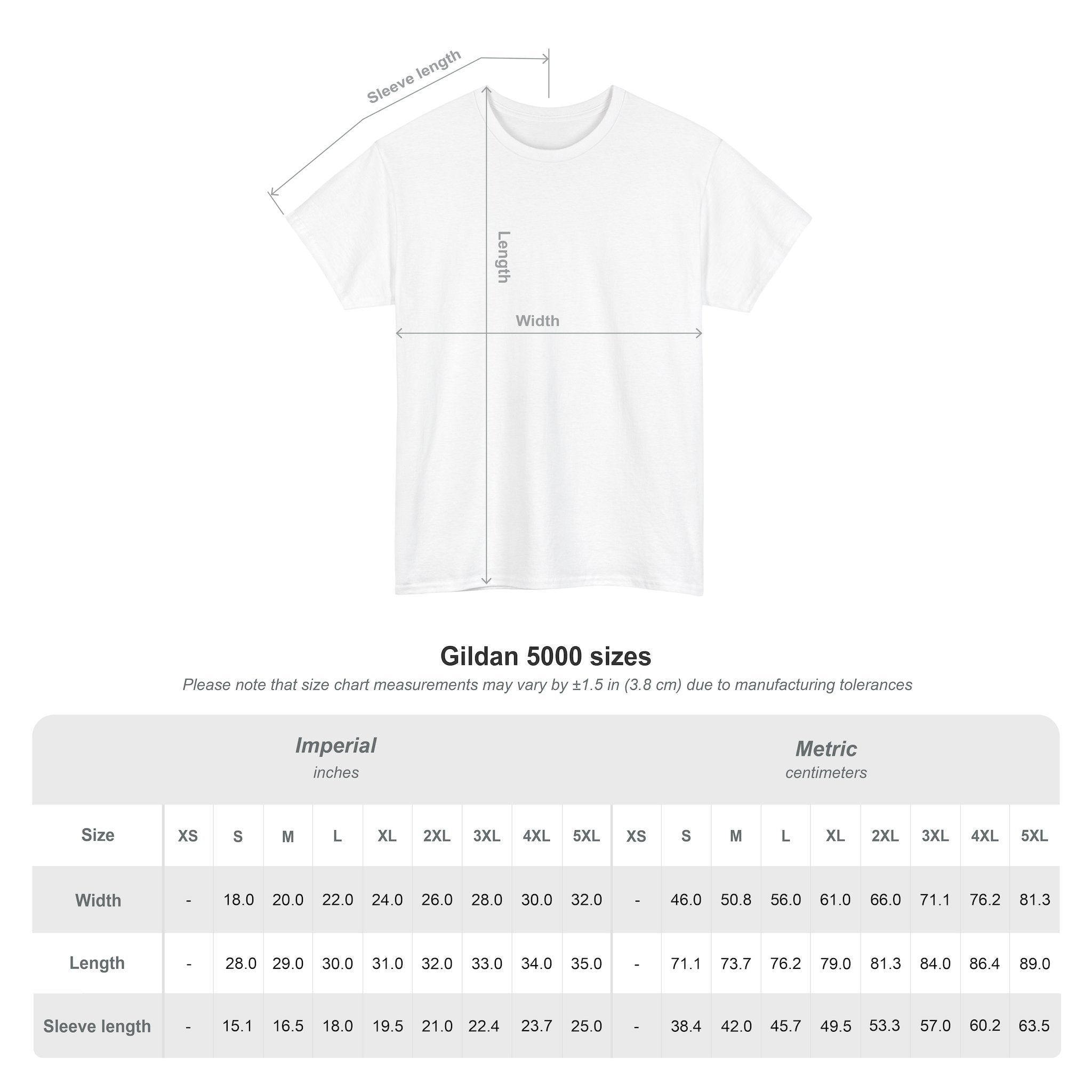 White unisex cotton tee size chart with sleeve length and width diagram