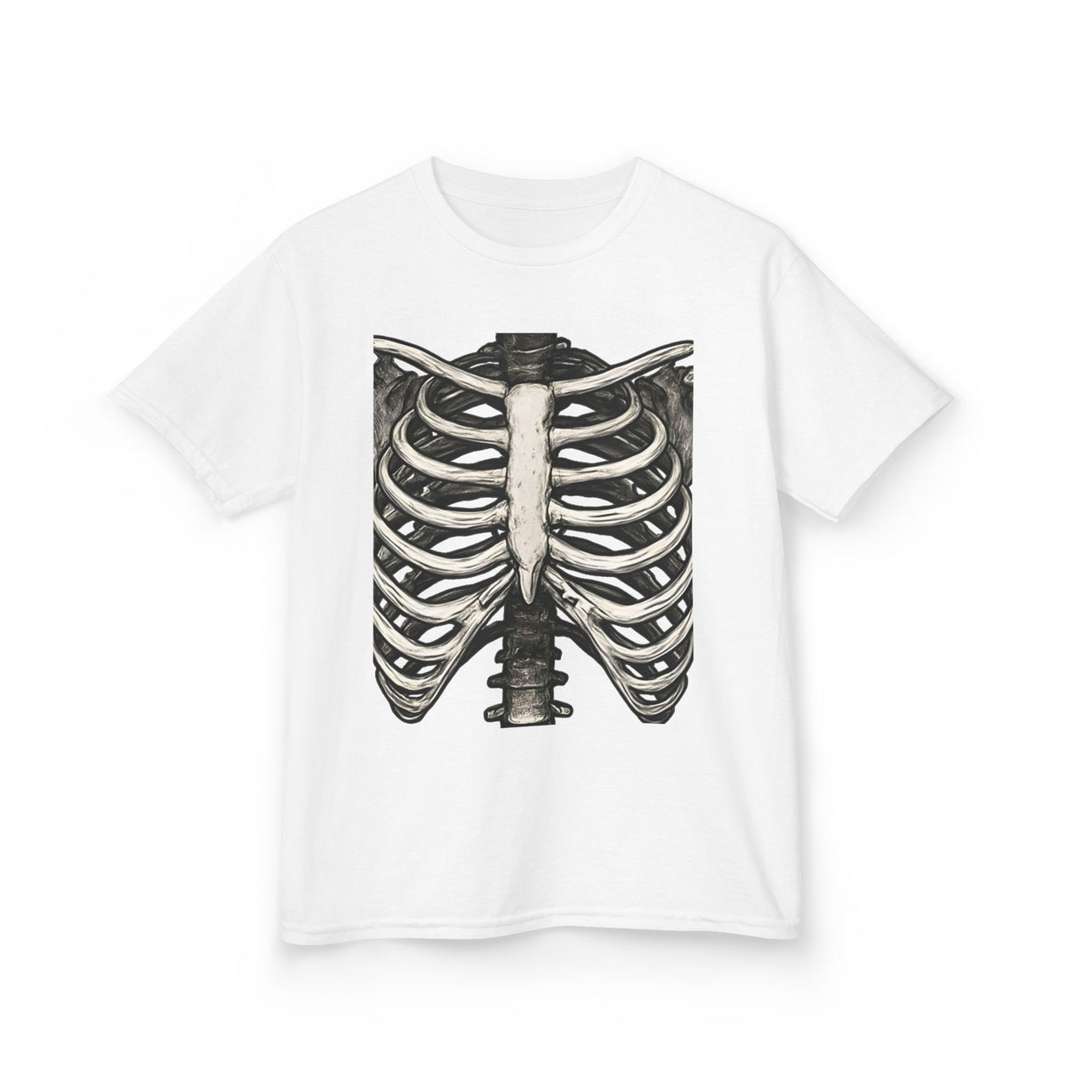White kids t-shirt with skeleton ribcage graphic print, short sleeves and crew neck