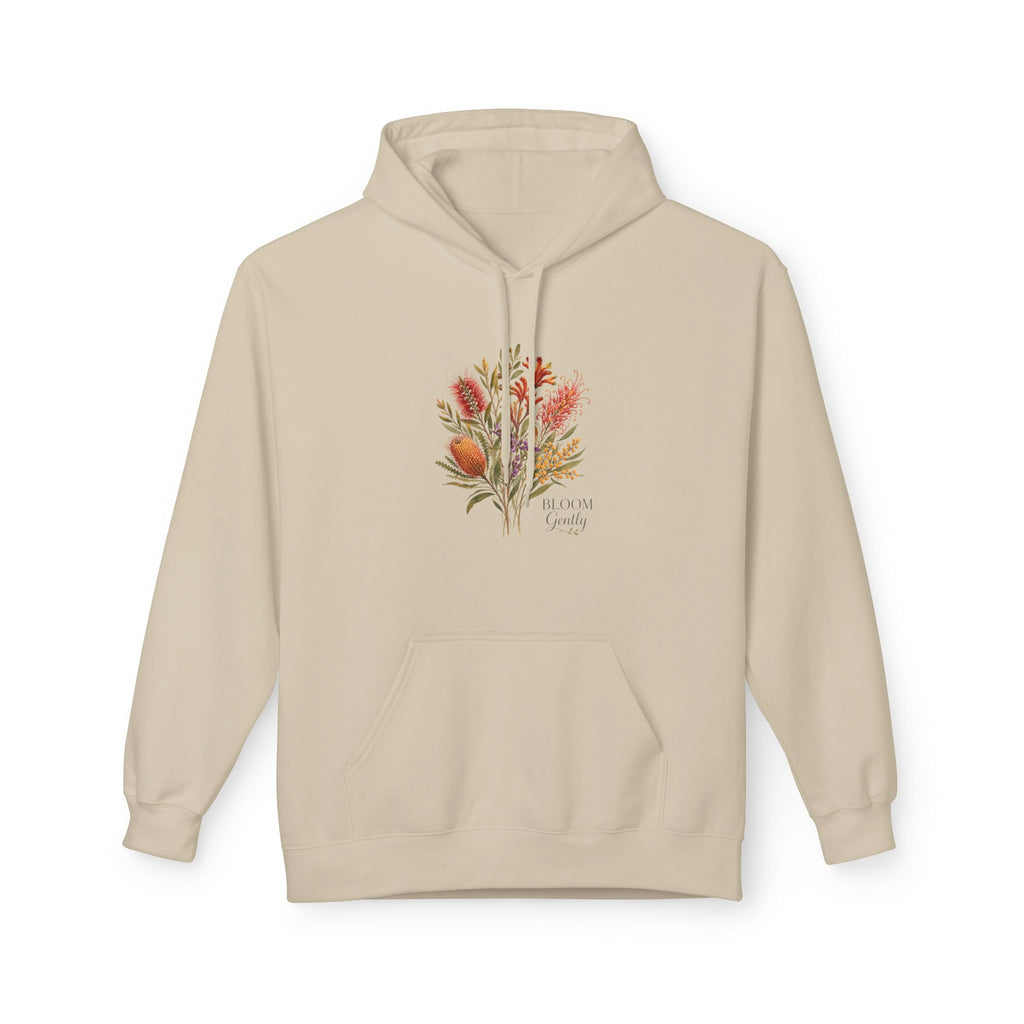 Sand hoodie with embroidered floral bouquet graphic, drawstring hood, kangaroo pocket