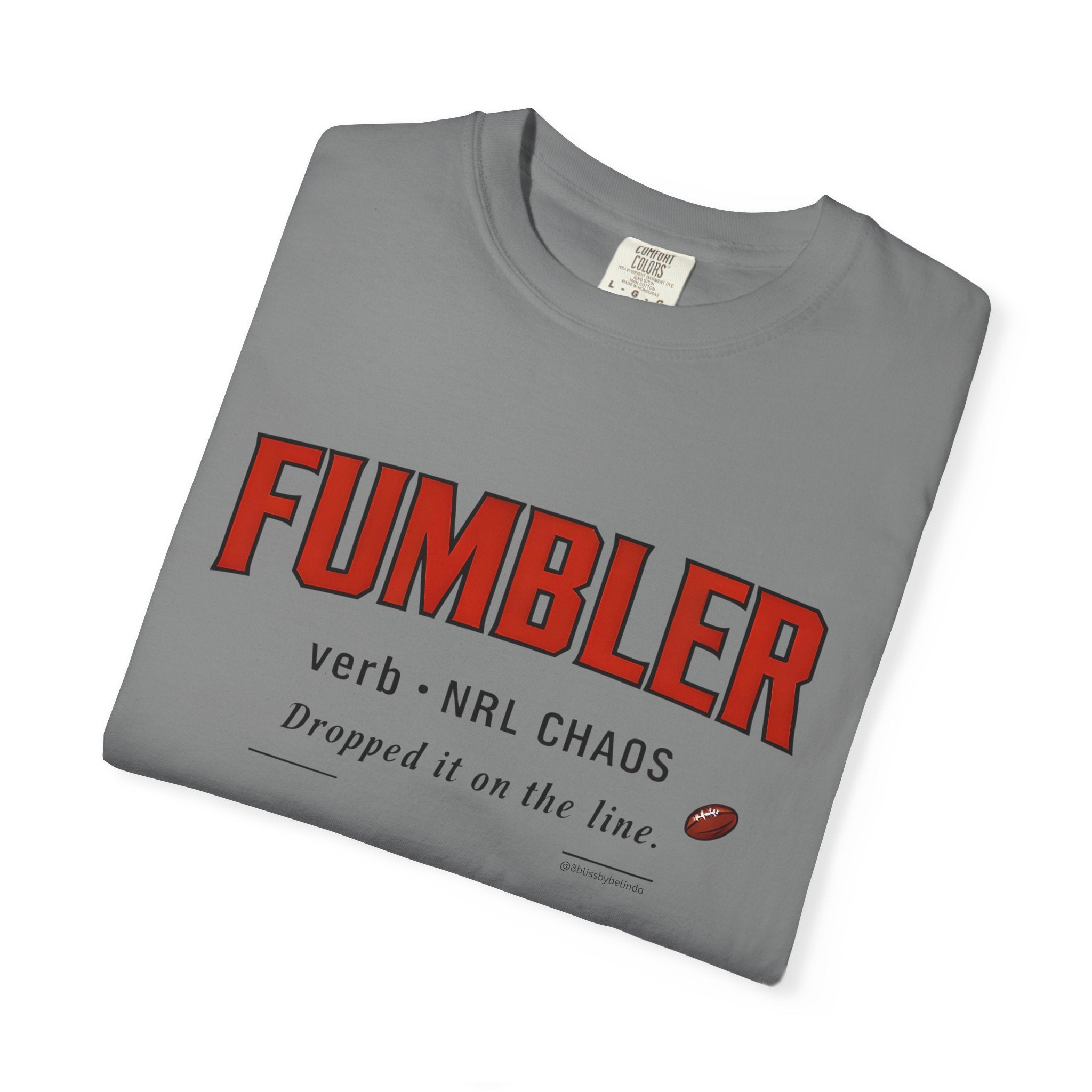 Grey graphic t-shirt with red FUMBLER print and definition text, short sleeves
