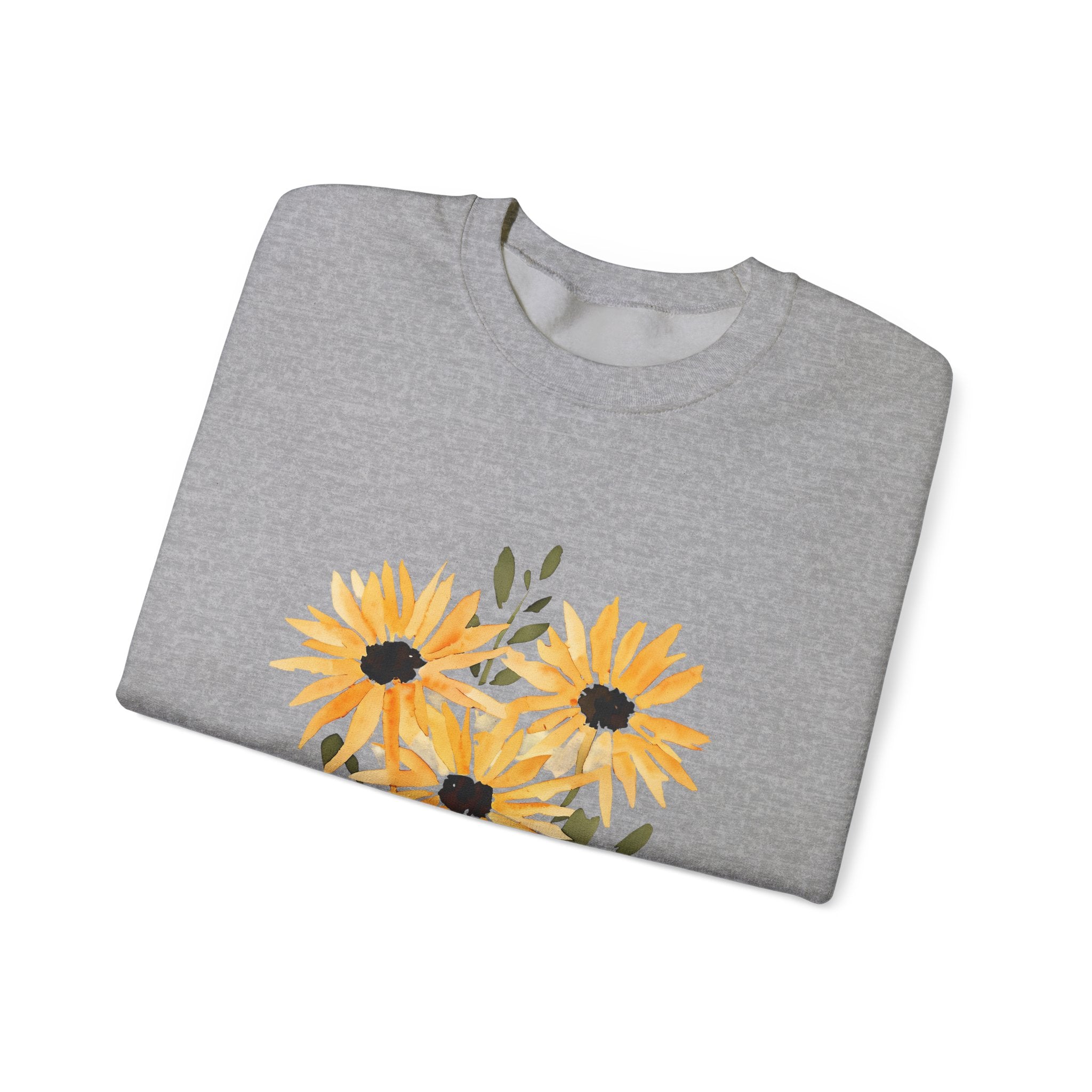 Ash gray crewneck sweatshirt with sunflower floral bouquet graphic on front