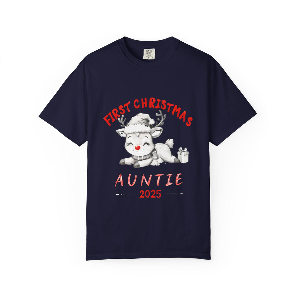 True navy Christmas auntie T-shirt with cute reindeer holding a gift, "2025" graphic