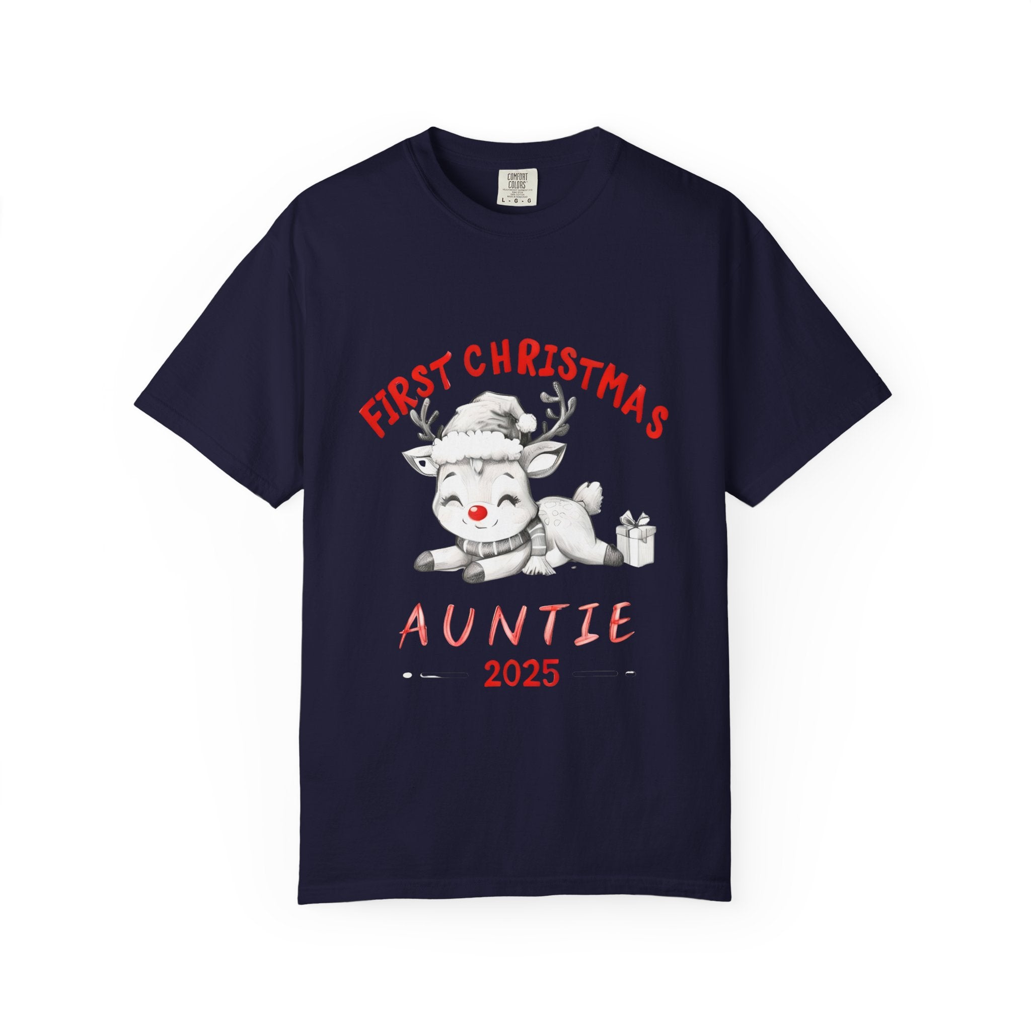 True navy Christmas auntie T-shirt with cute reindeer holding a gift, "2025" graphic