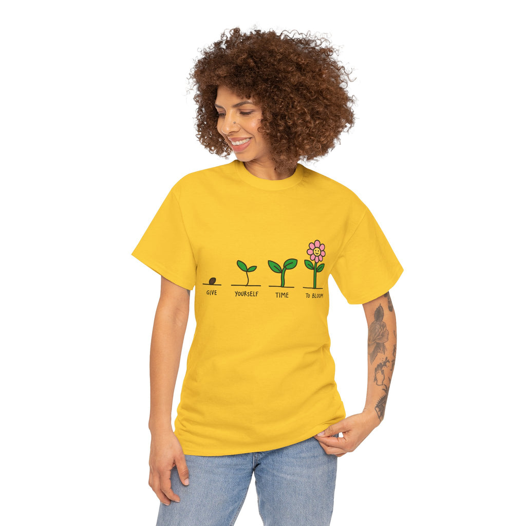 Yellow short-sleeve T-shirt on model with sprout-and-flower growth graphic