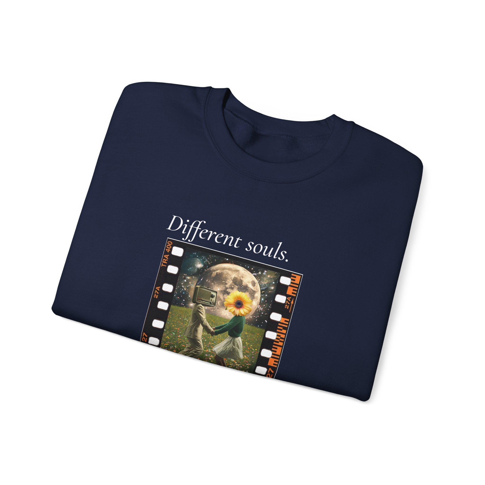 Navy crewneck sweatshirt with long sleeves and colorful front graphic print