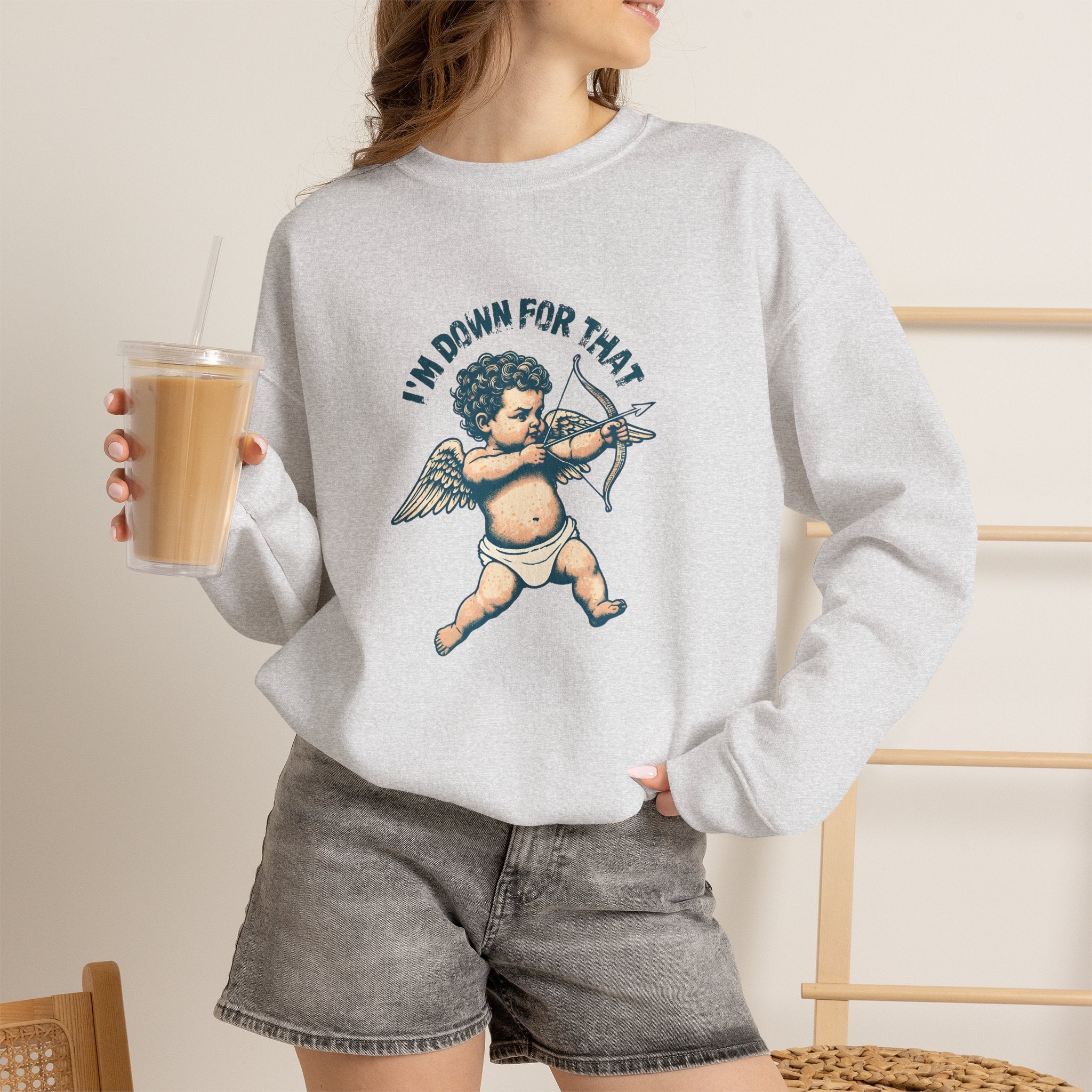 Cupid Graphic 'I'm Down For That' Crewneck Sweatshirt