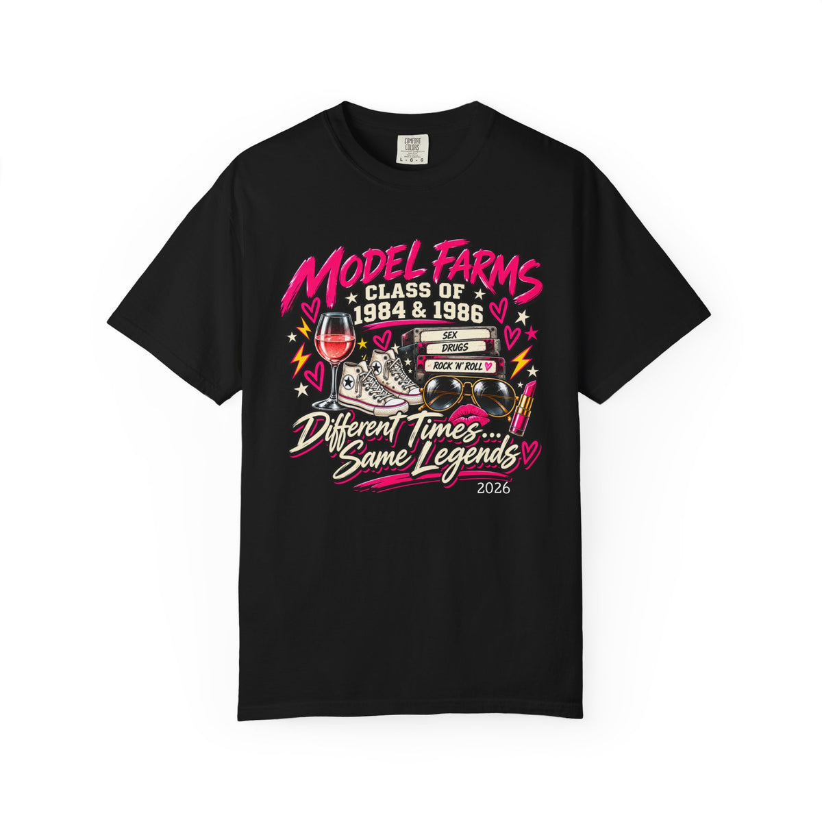 Black crewneck T-shirt with colorful retro class graphic on the front