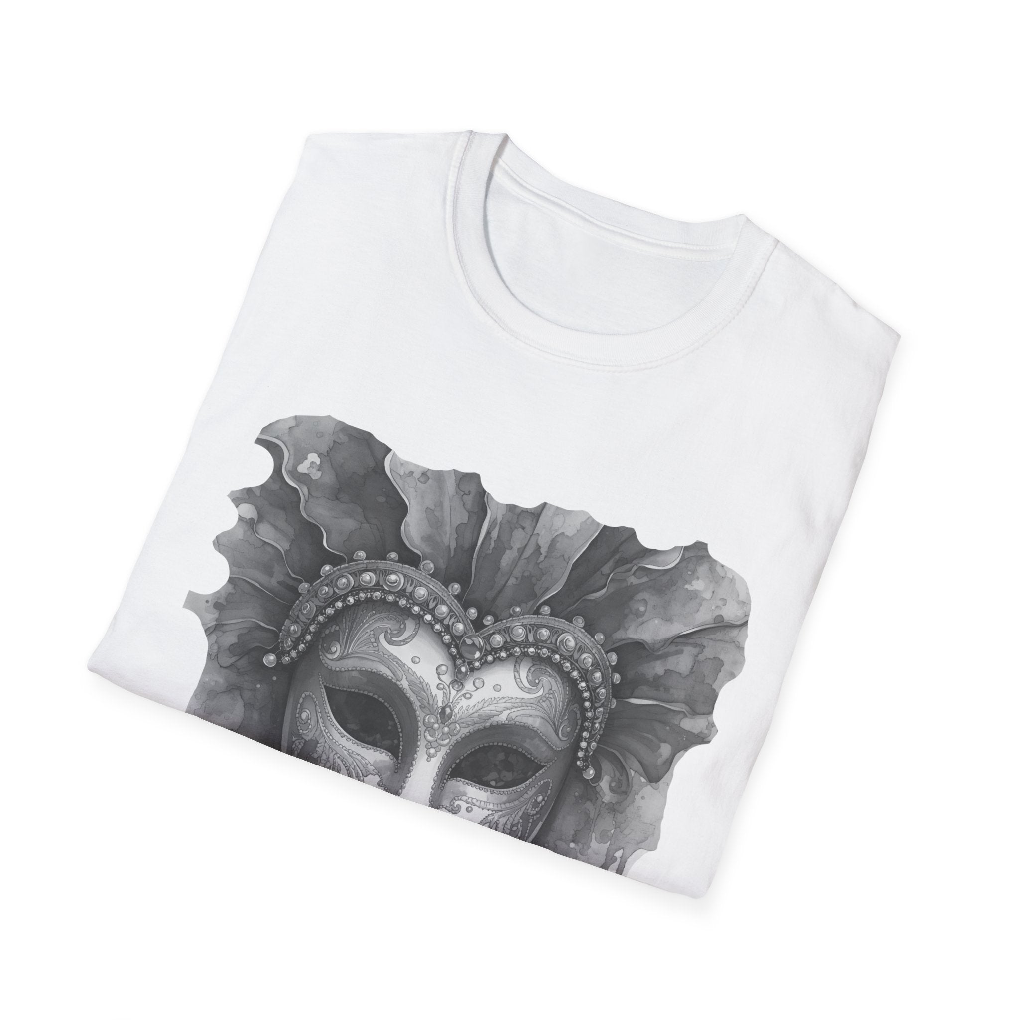 White t-shirt with watercolor mask face graphic on front