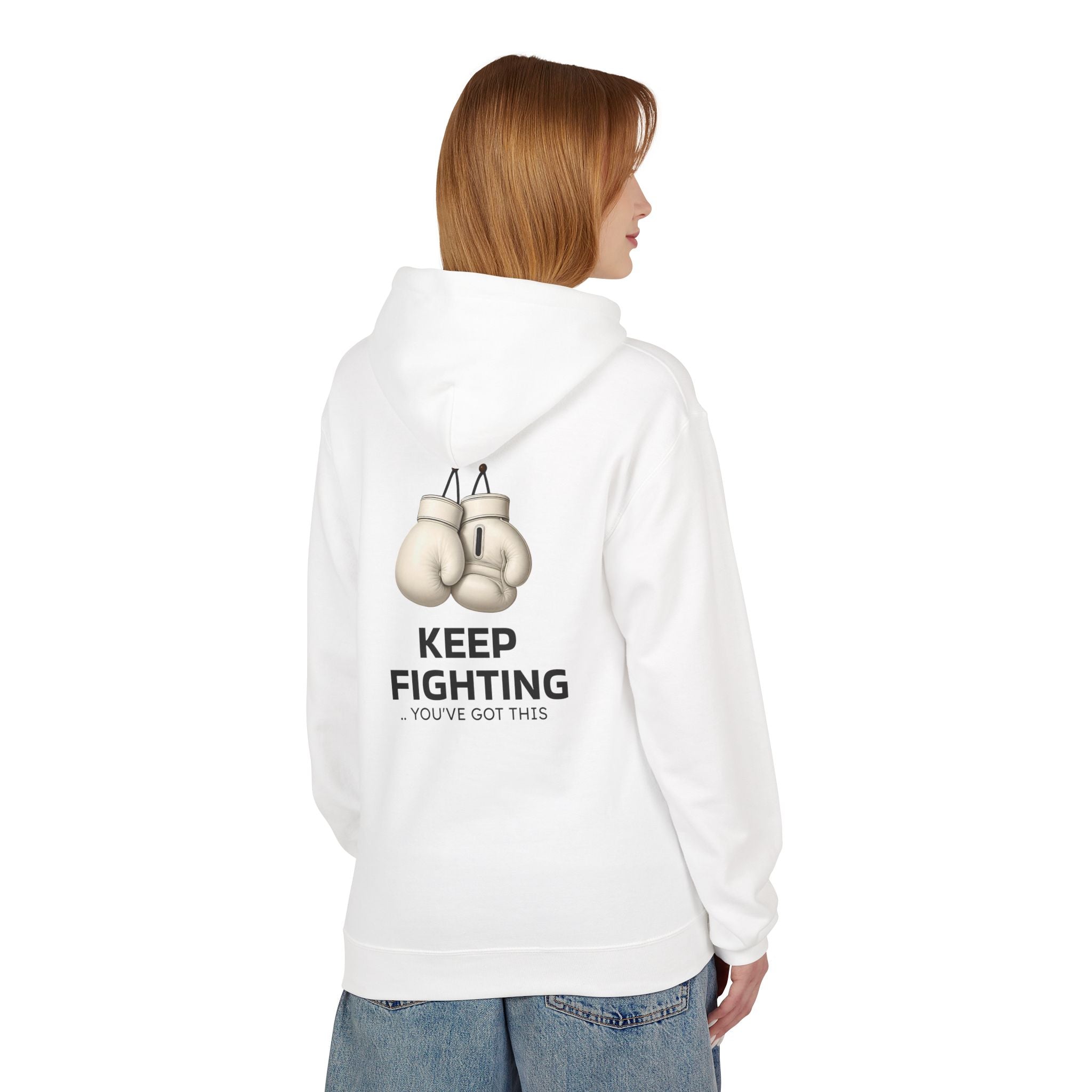 White hoodie with back boxing-glove graphic and message “KEEP FIGHTING”