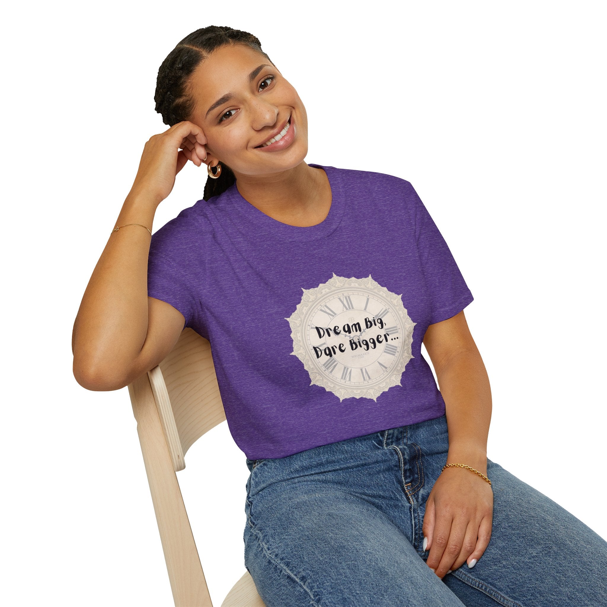 Purple T-shirt on model with front white circular motivational text graphic