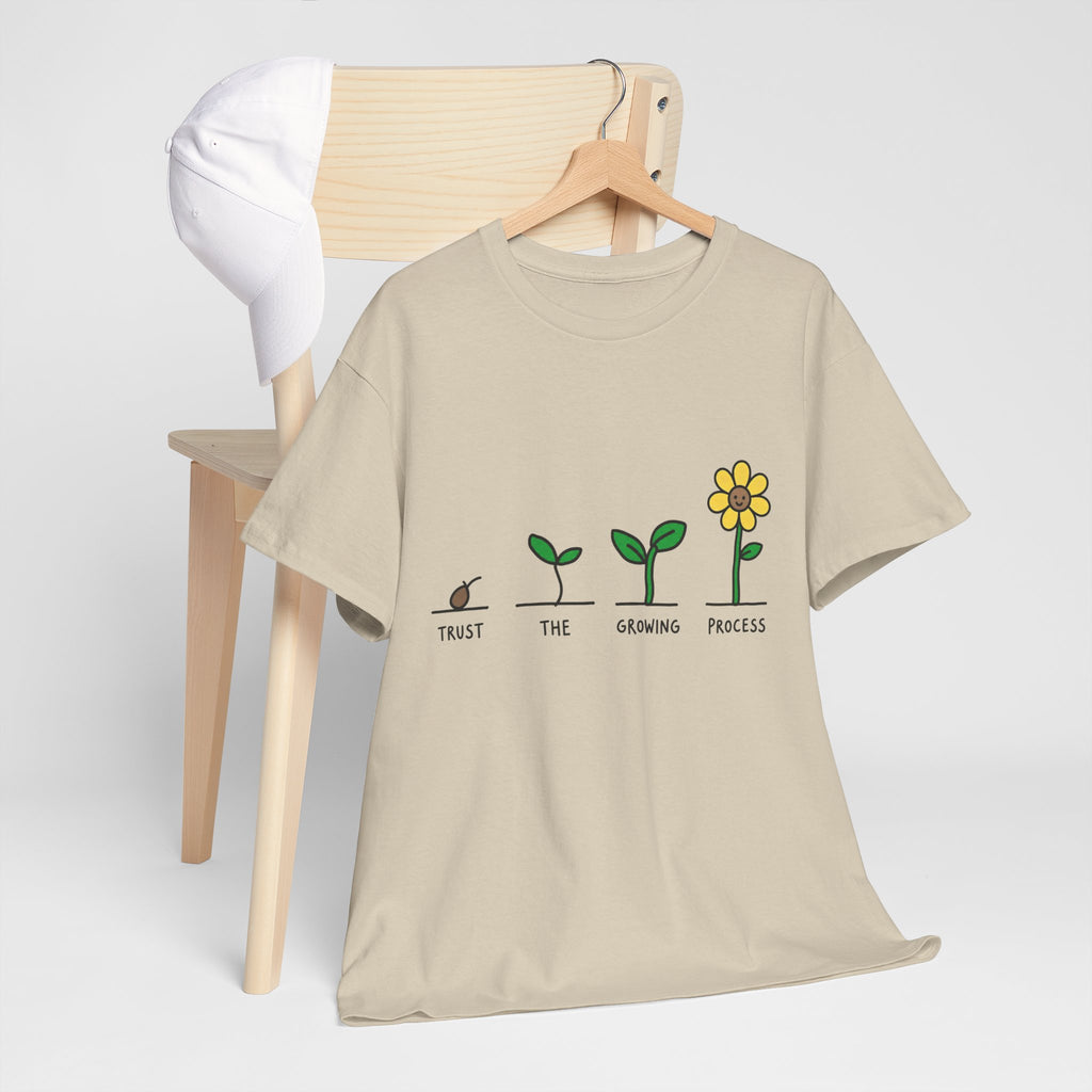 Natural beige crewneck t-shirt with seedling-to-flower “Trust the Growing Process” graphic