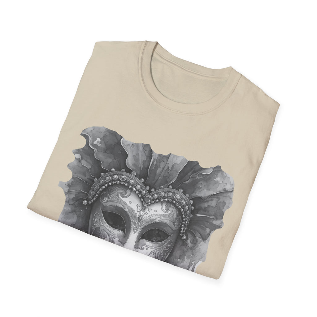 Sand beige crewneck t-shirt with large grey masquerade face mask watercolor graphic