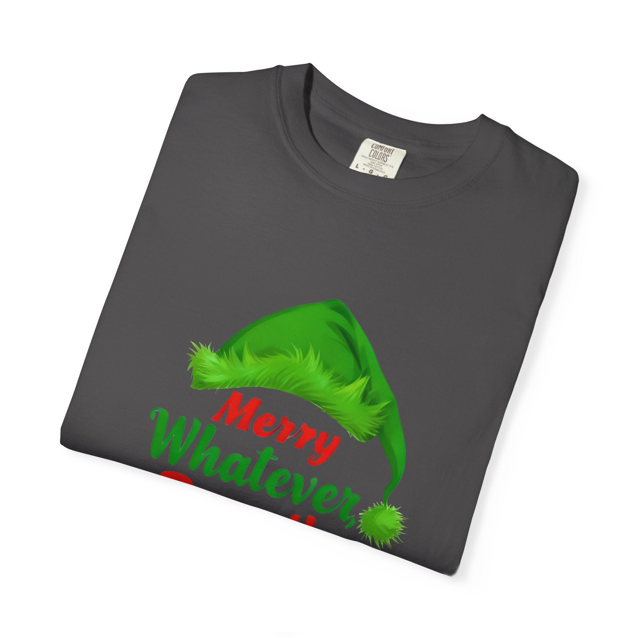 Graphite crew-neck T-shirt with green Santa-hat 'Merry Whatever' front print