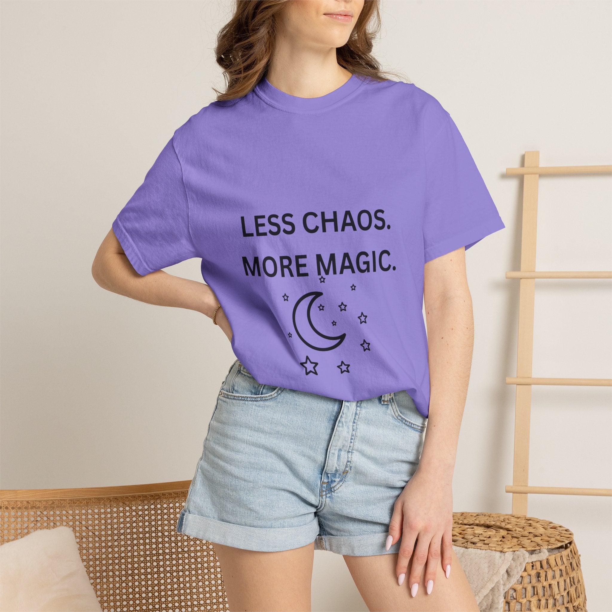 Less Chaos, More Magic T-Shirt — Crescent Moon + Stars Graphic Tee