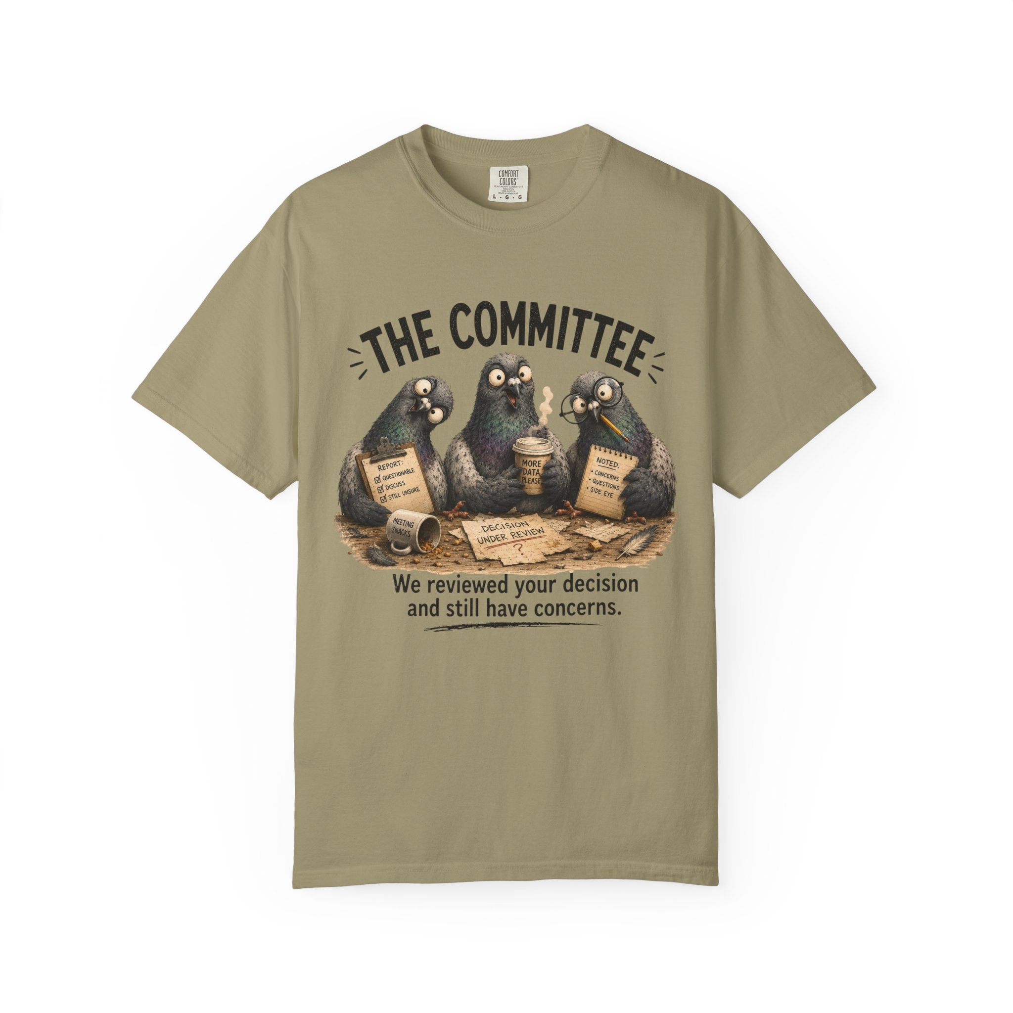 Khaki T-shirt with 'The Committee' pigeon reviewers graphic on front