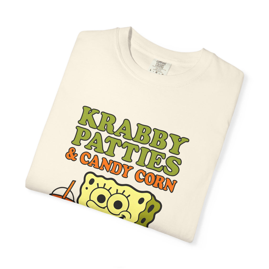 Ivory crewneck T-shirt showing large 'Krabby Patties & Candy Corn' graphic