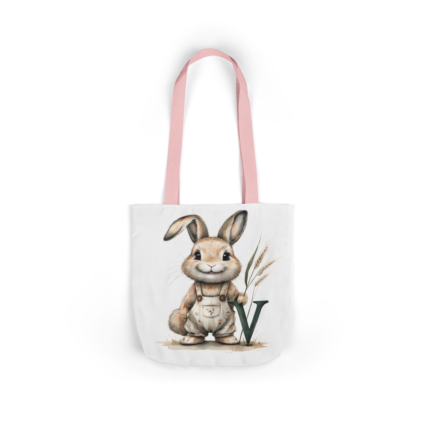 Cute Letter V Bunny Canvas Tote Bag with 5-Color Straps, Easter Gift, Eco-Friendly Shopping Bag, Reusable Grocery Tote