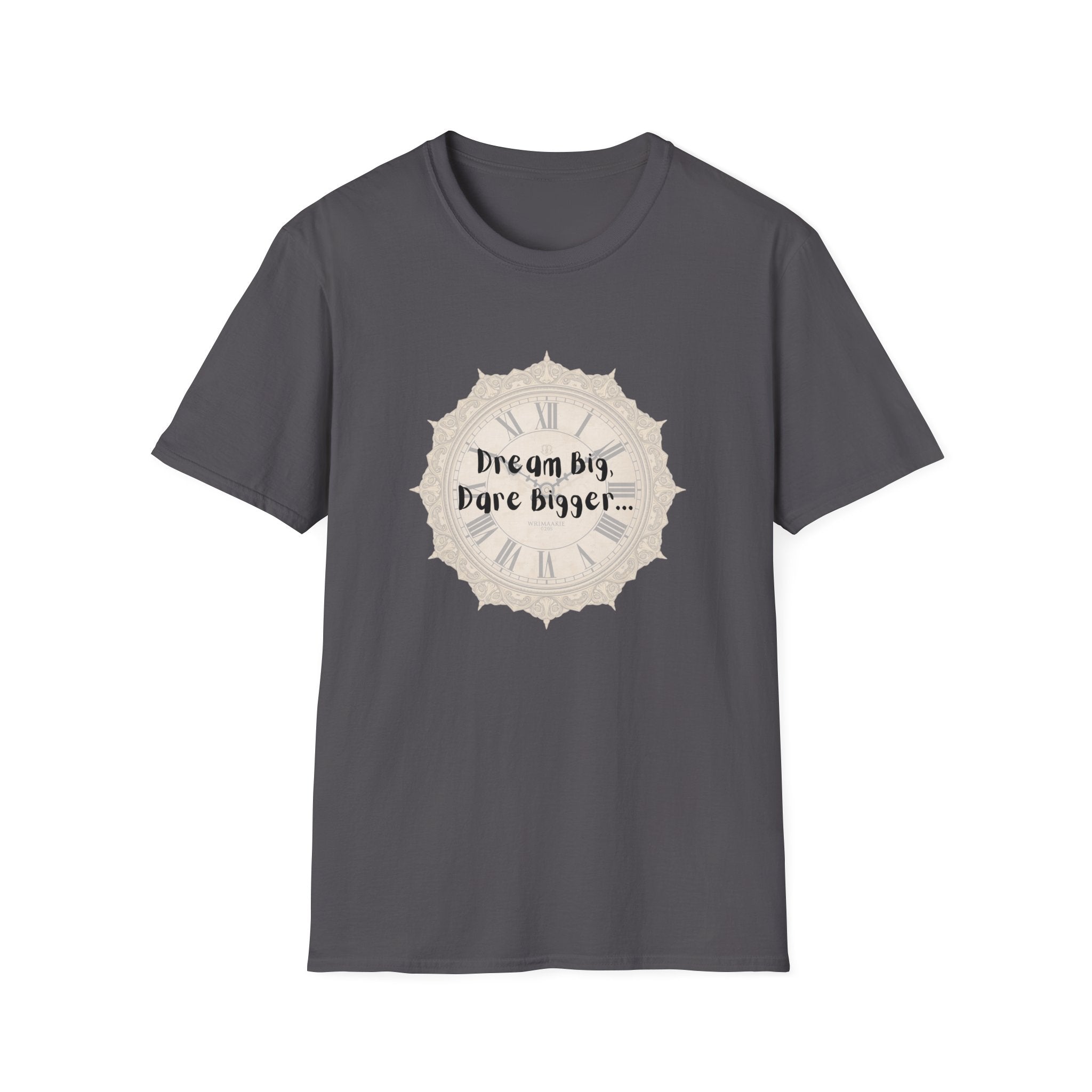 Dark gray crewneck short-sleeve T-shirt with beige “Dream big, Dare bigger...” badge graphic