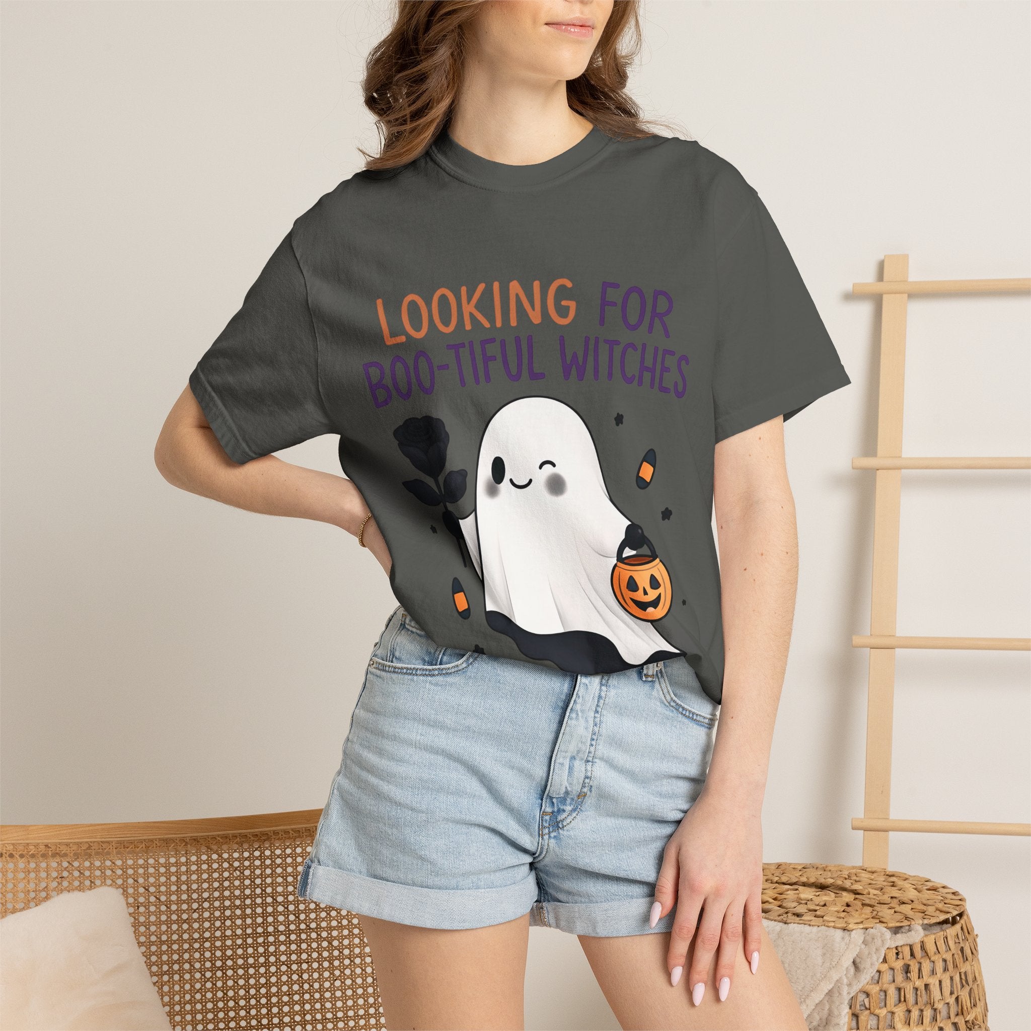 Dark gray crewneck T-shirt with ghost graphic and multicolor Halloween text