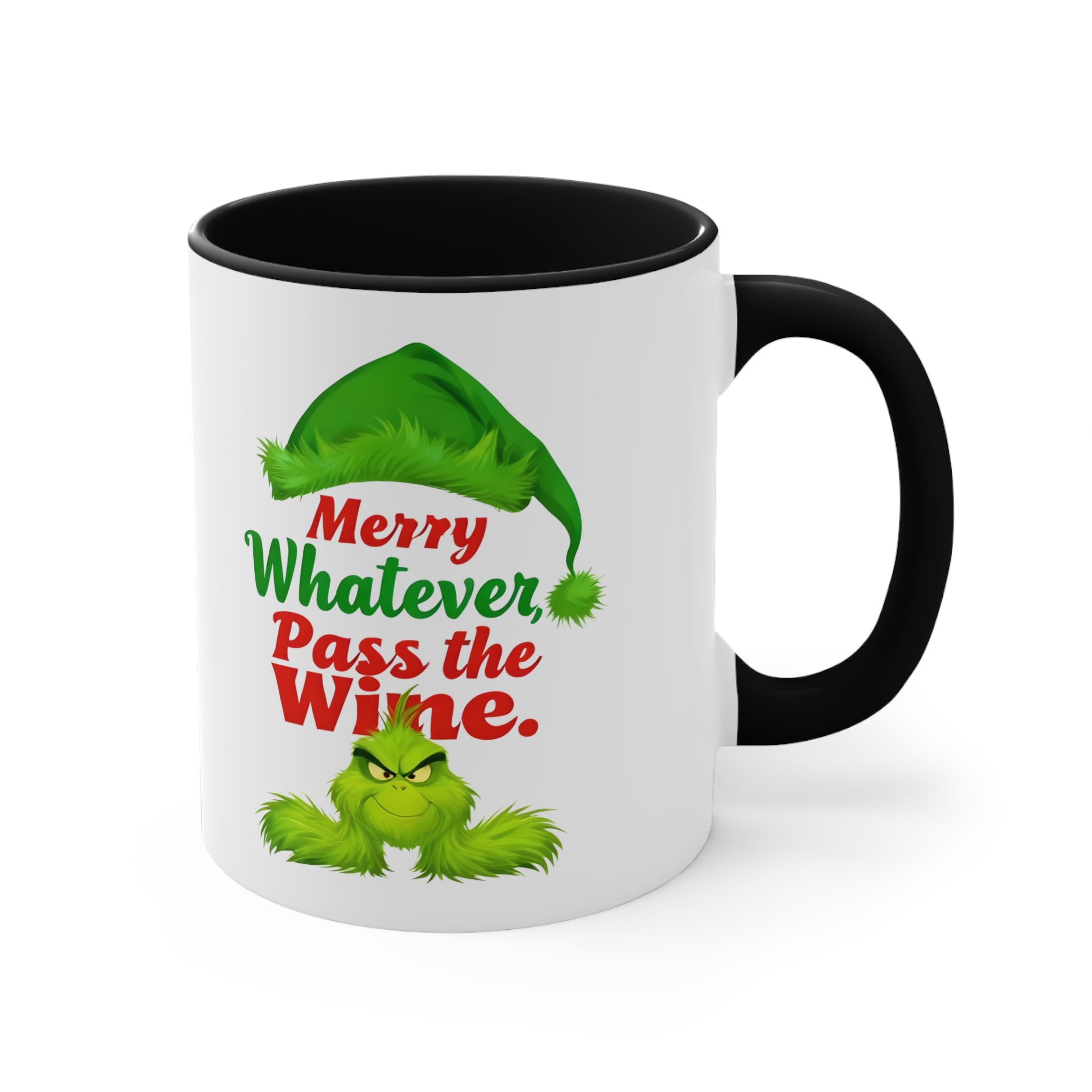 White Christmas mug with black handle, green elf graphic reading “Merry Whatever Pass the Wine.”