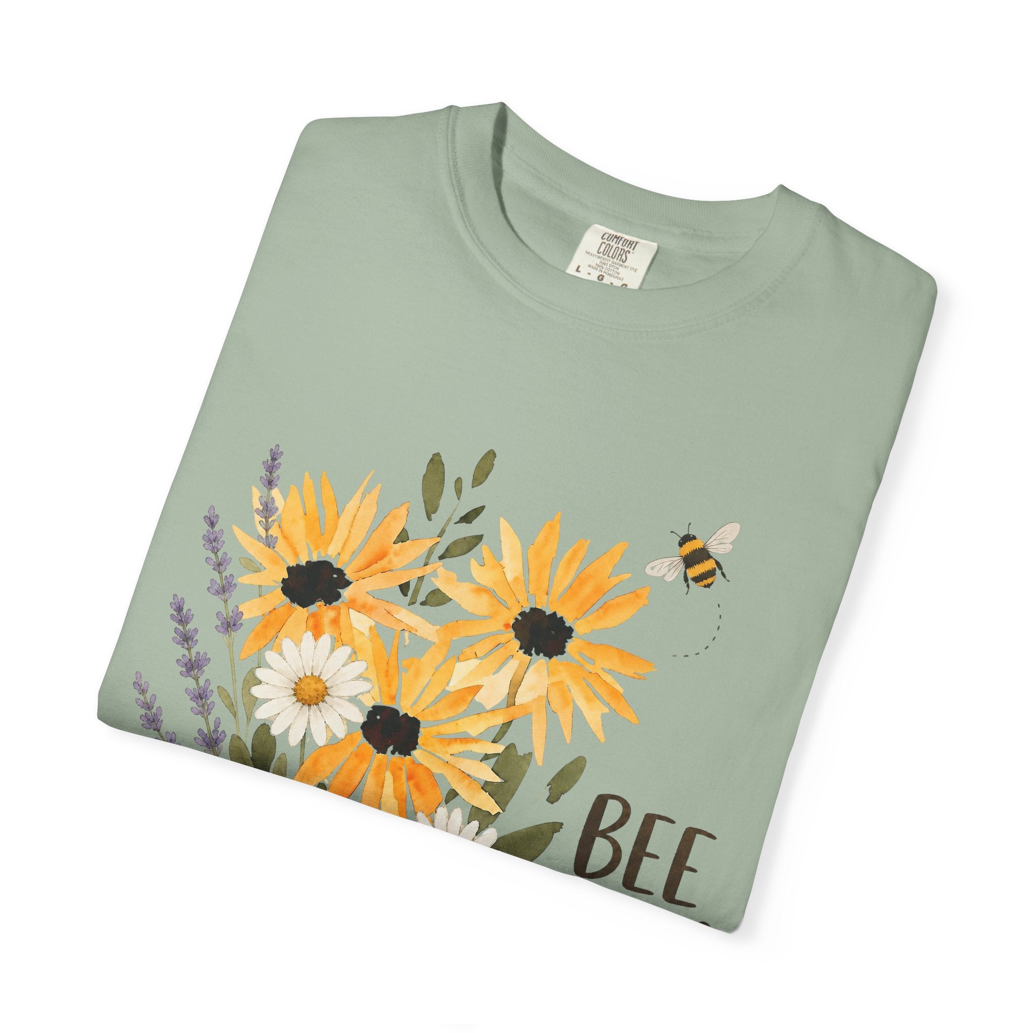 Sage green crew-neck t-shirt with sunflower bouquet, bee, and "BEE Kind" text