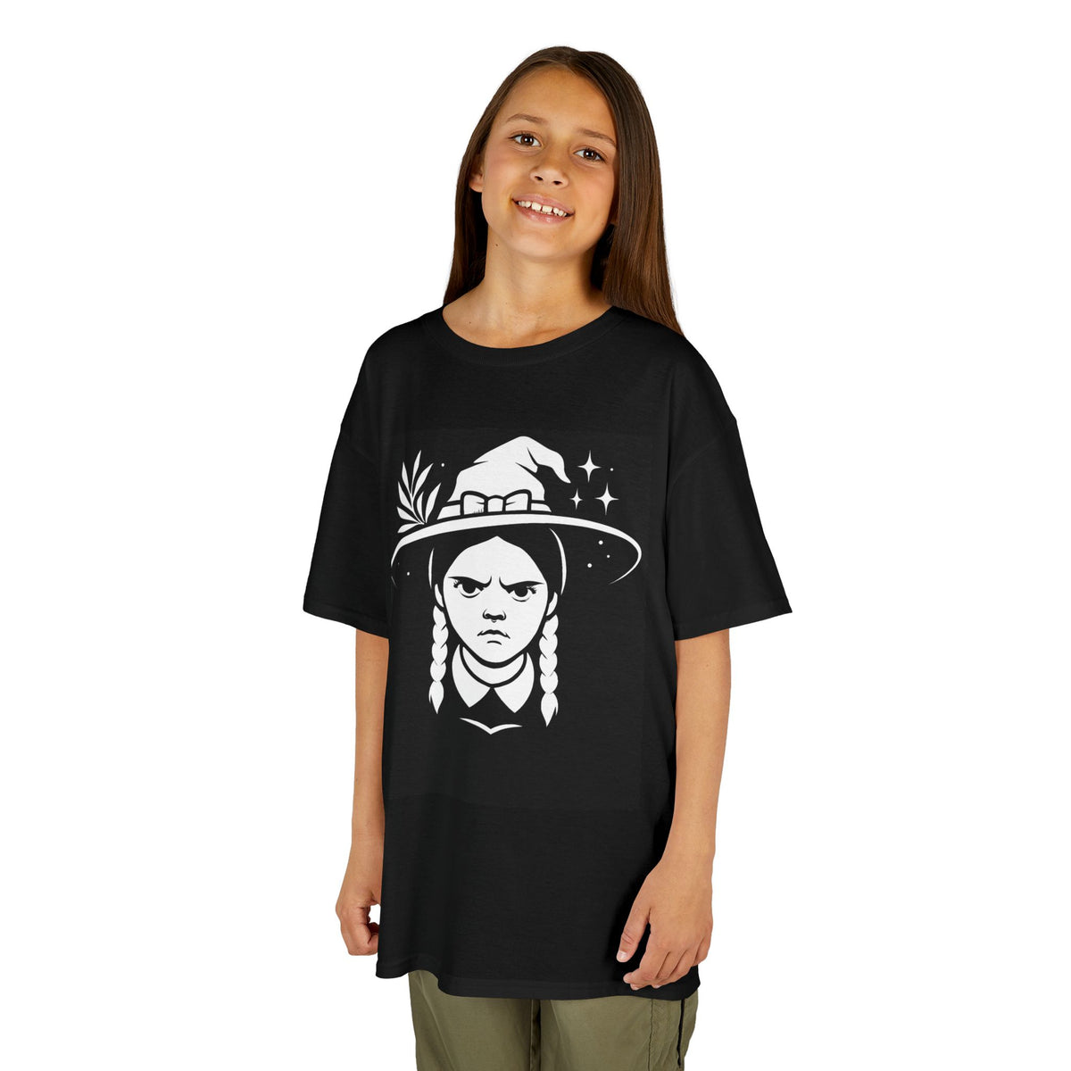 Kids black Halloween witch graphic T-shirt with grumpy girl face and hat print