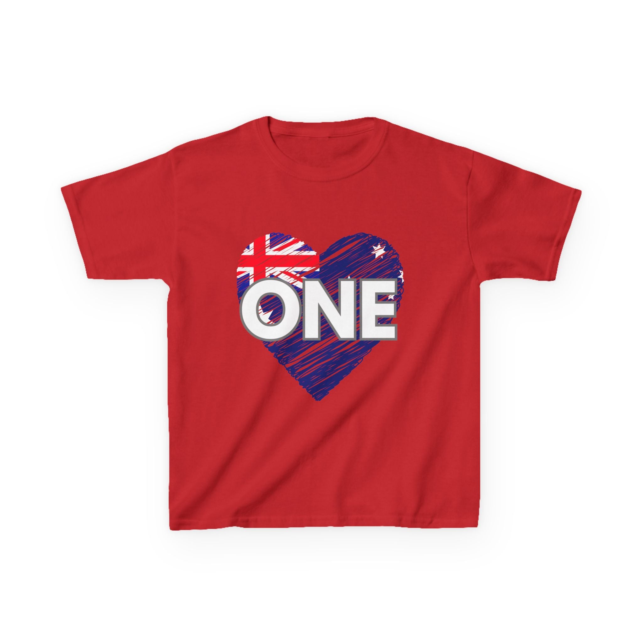 Kids T-shirt, red with “ONE” heart unity graphic and Australian flag design
