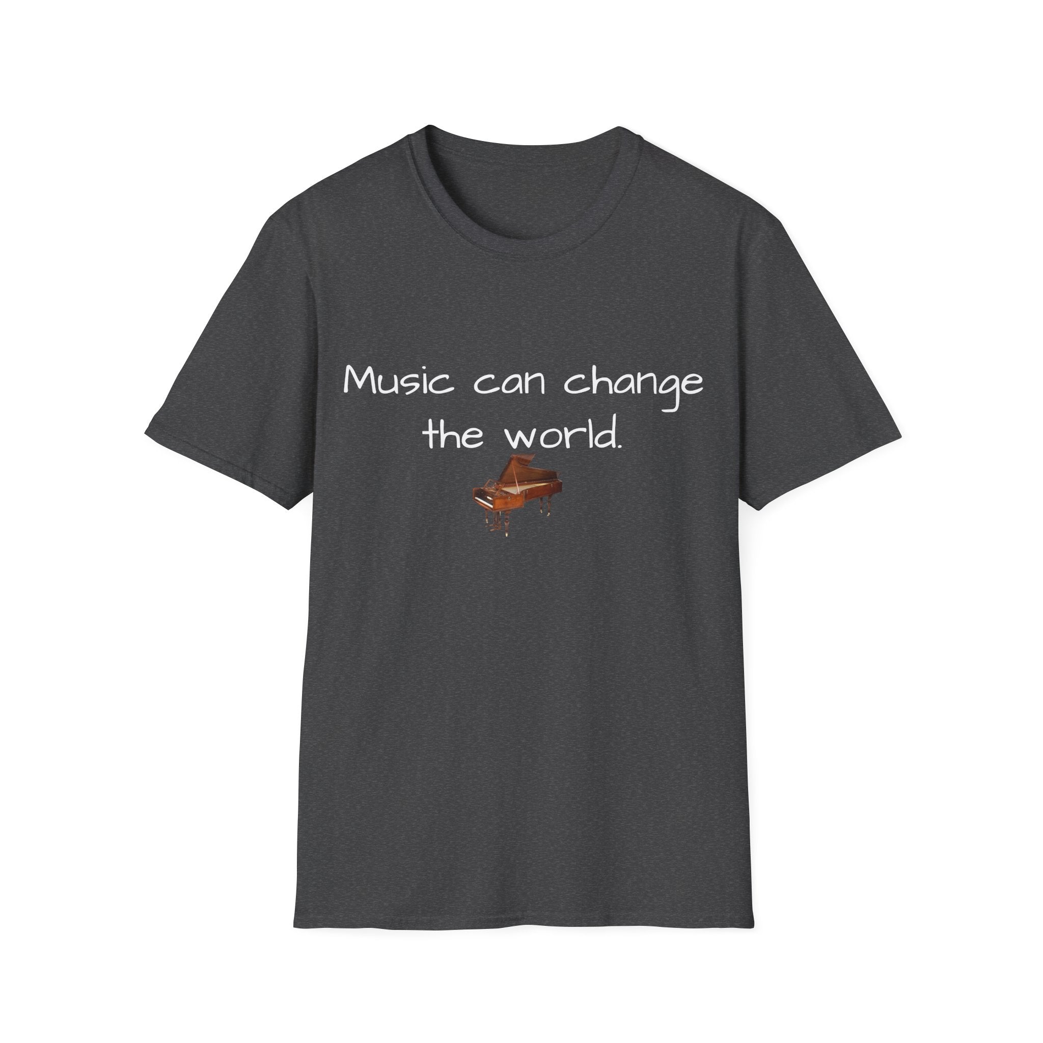 Charcoal unisex T-shirt with 'Music can change the world' text and piano graphic