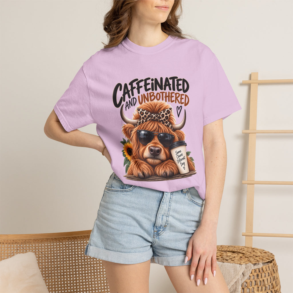 Caffeinated and Unbothered Dog T-Shirt — Cute Coffee Pup Graphic Tee
