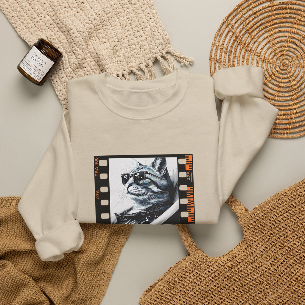Sand crewneck sweatshirt with cat filmstrip graphic, long sleeves