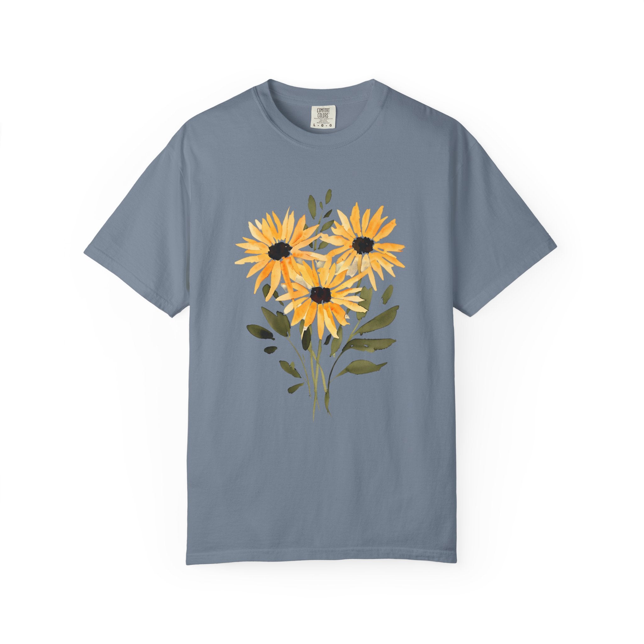 Blue jean blue t-shirt with sunflower bouquet graphic in orange, yellow, and dark accents