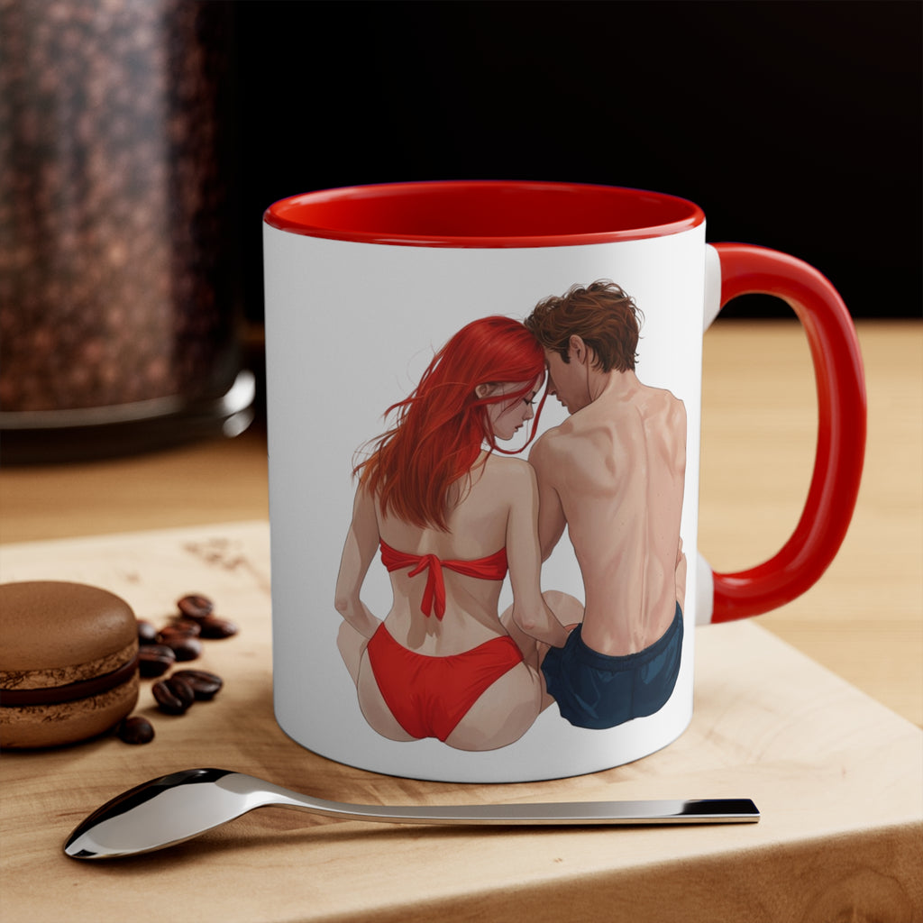 Red-handled white accent mug with red-and-blue couple logo print on front