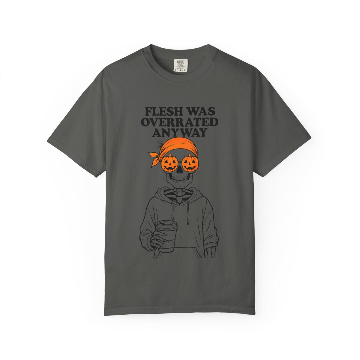 Pepper unisex graphic tee with Halloween text and jack-o-lantern skull illustration