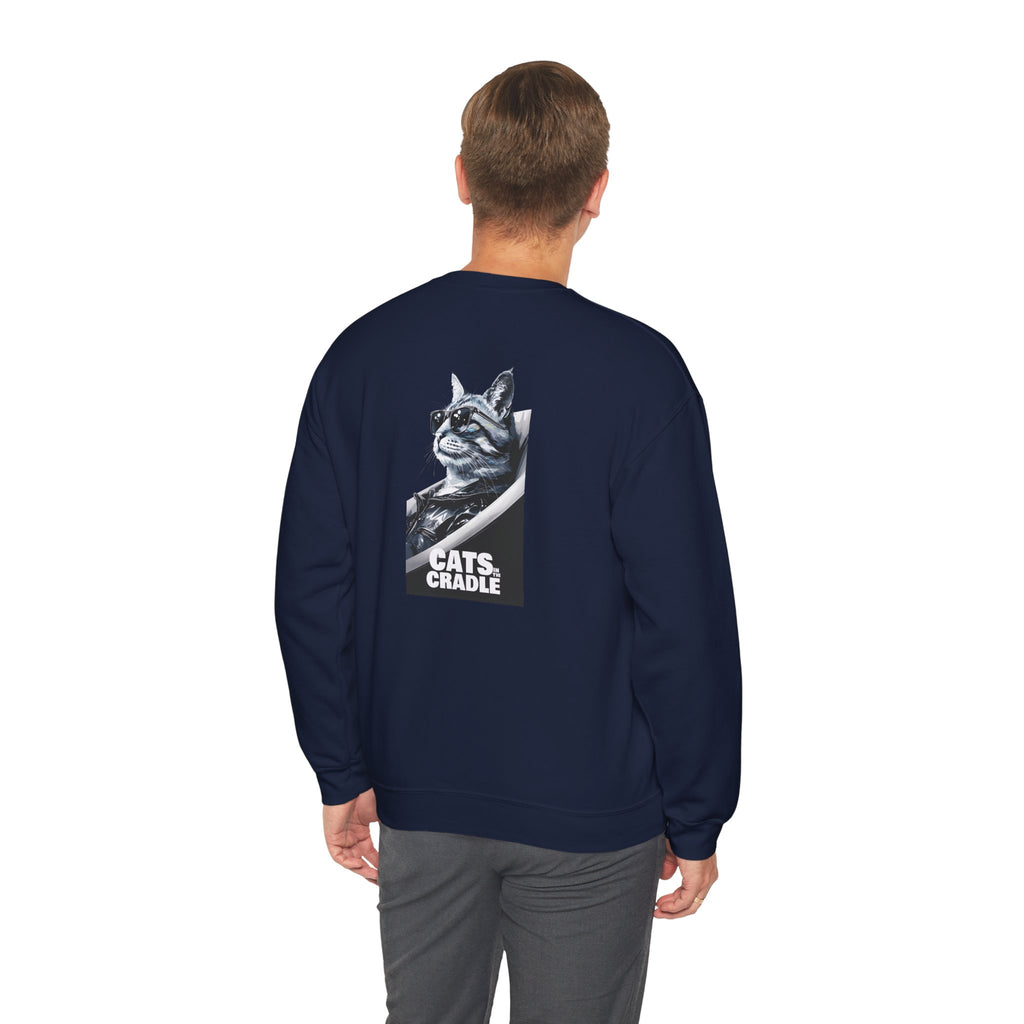 Navy crewneck sweatshirt with cat graphic on back