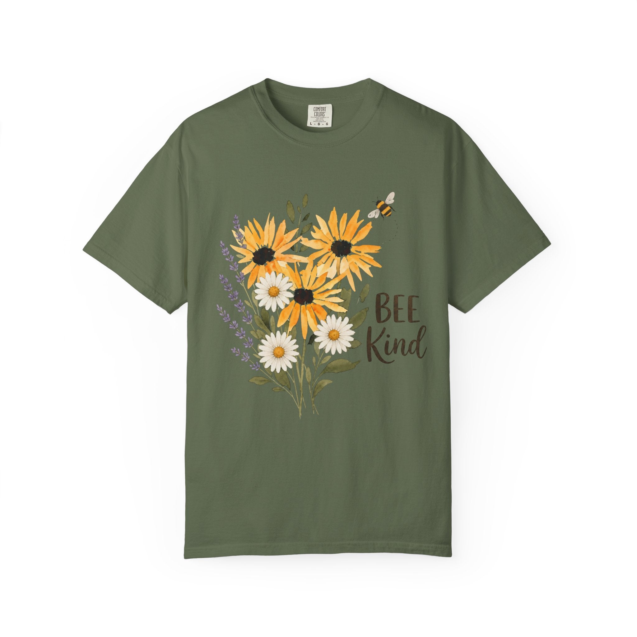 Sage green t-shirt with sunflower and lavender bouquet graphic and 'Bee Kind' text