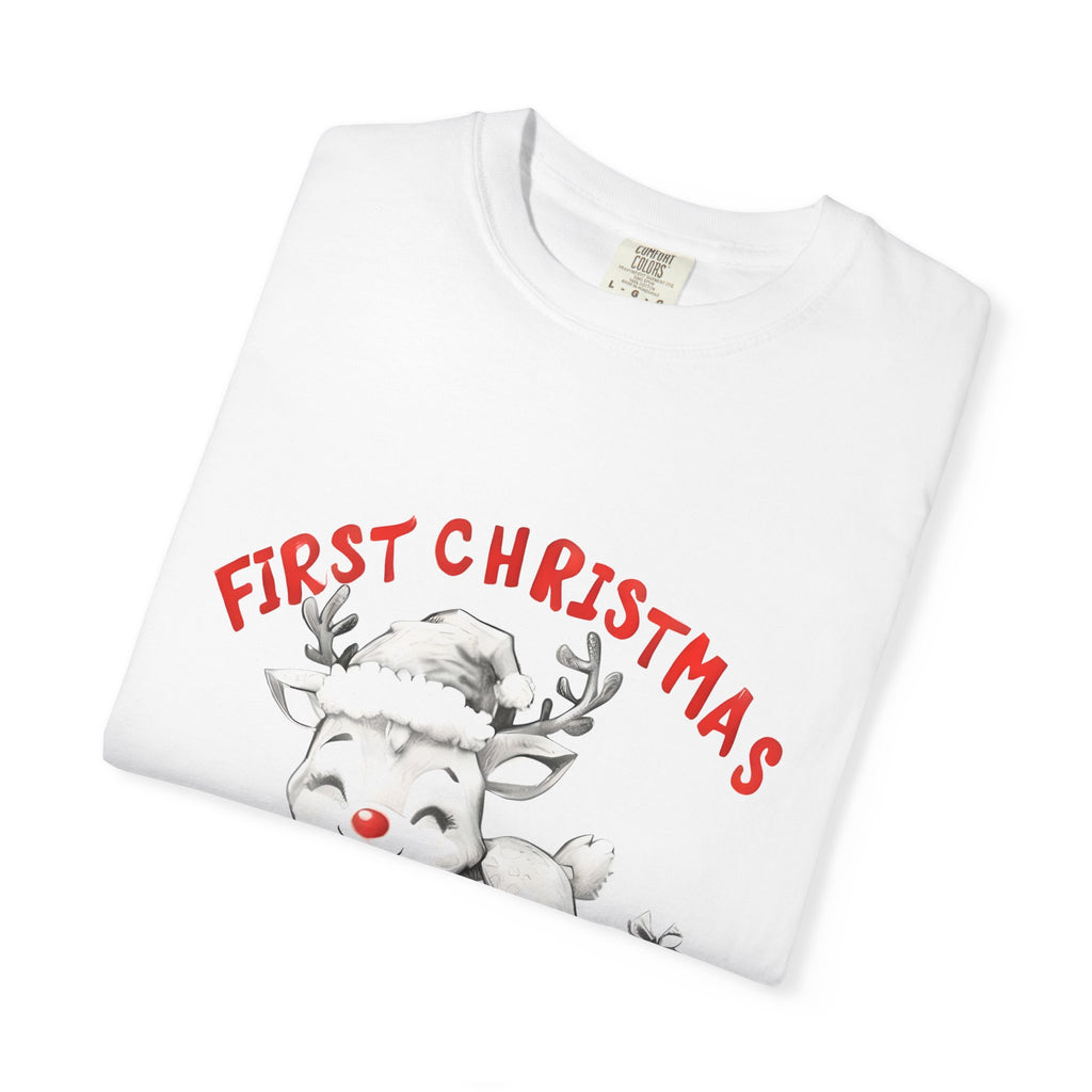 White baby Christmas tee, close-up chest print with reindeer and “FIRST CHRISTMAS”