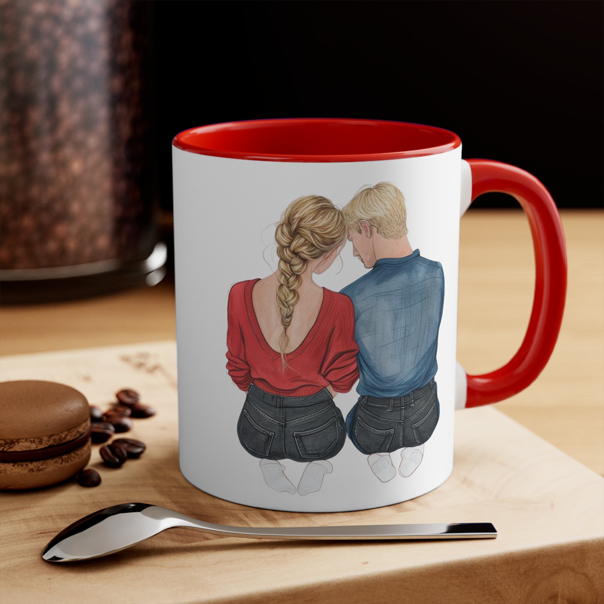 Red-accent mug with couple illustration, white body and red interior, 11oz