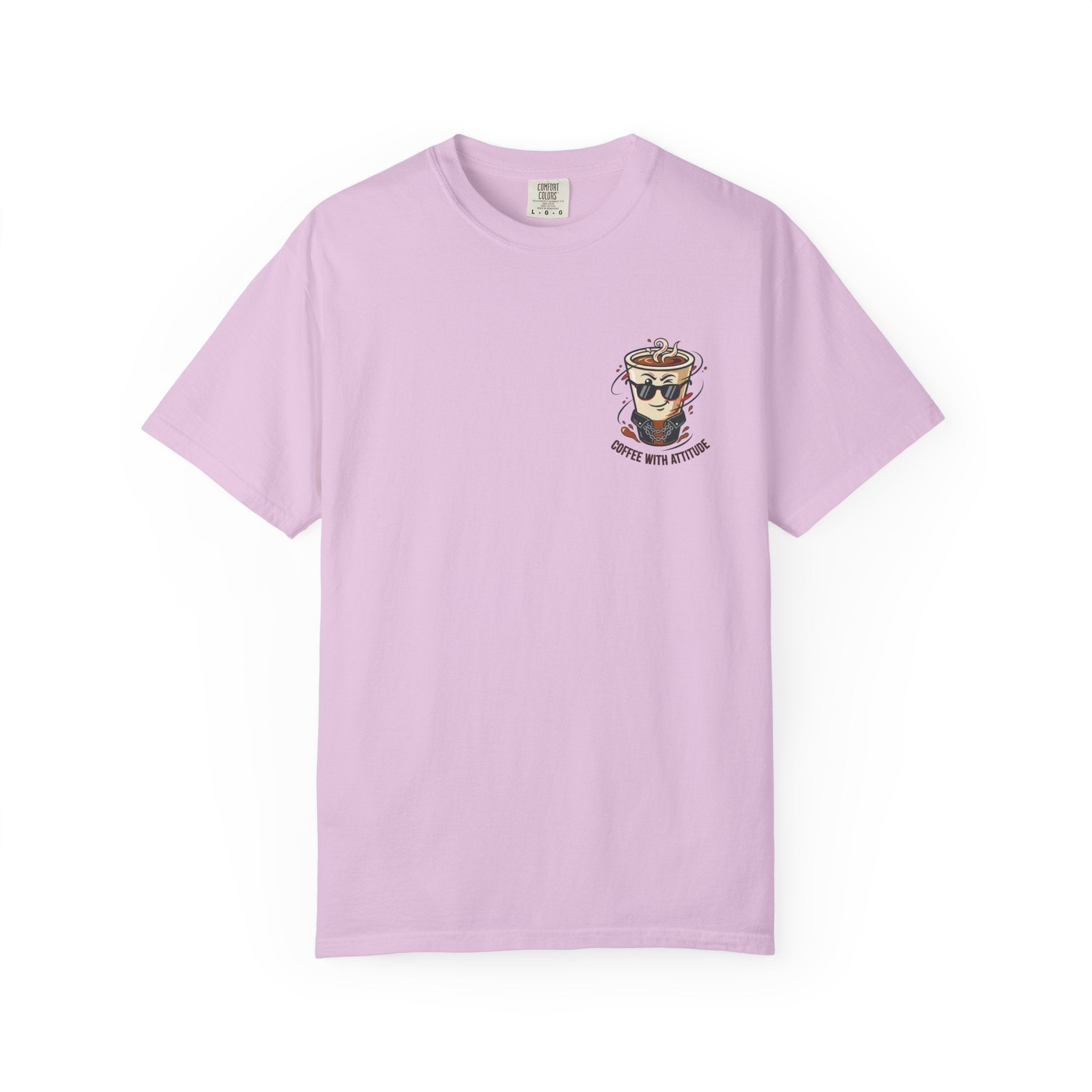 Lavender crewneck T-shirt with small coffee cup graphic on the chest.