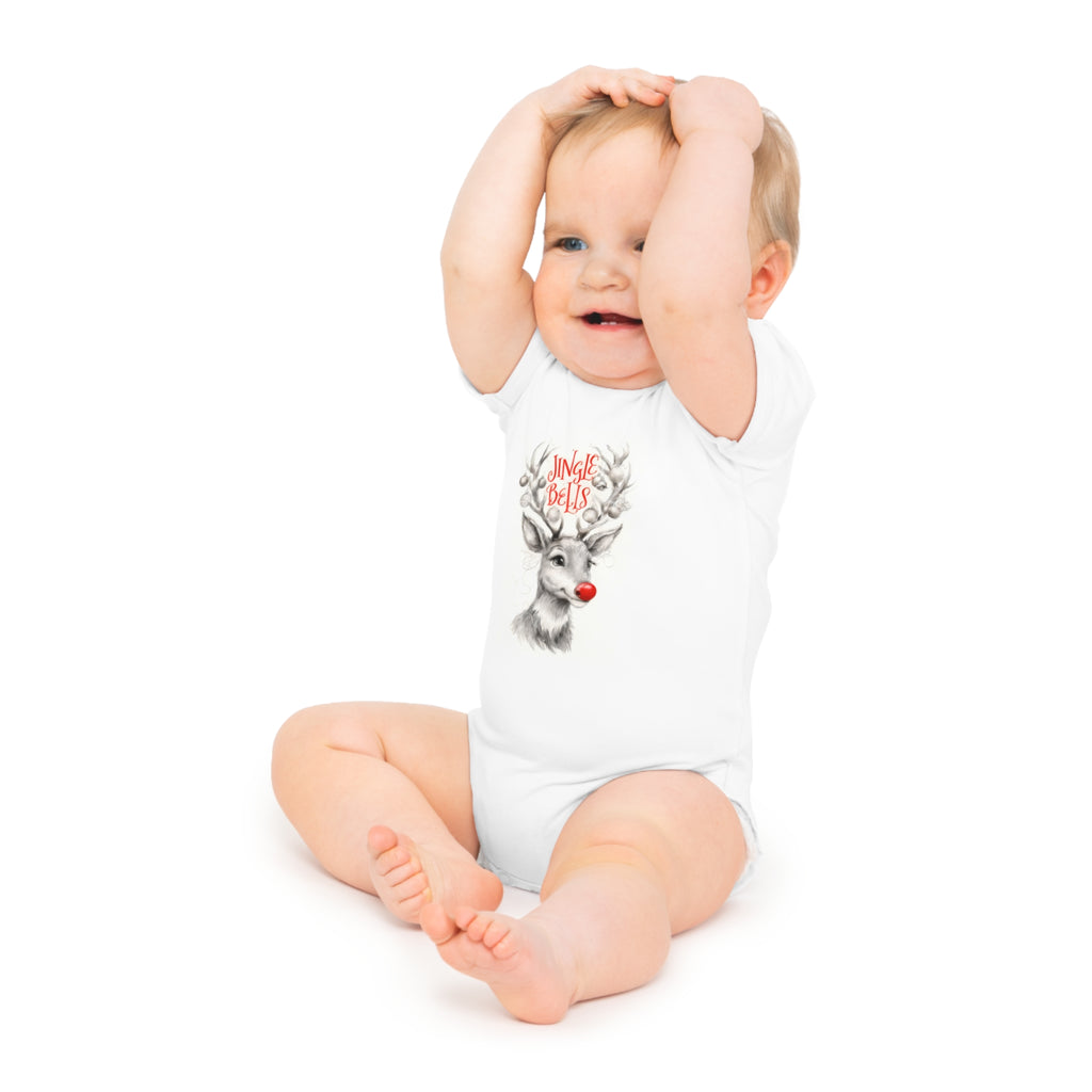 White short-sleeve baby bodysuit with reindeer "Jingle Bells" chest print