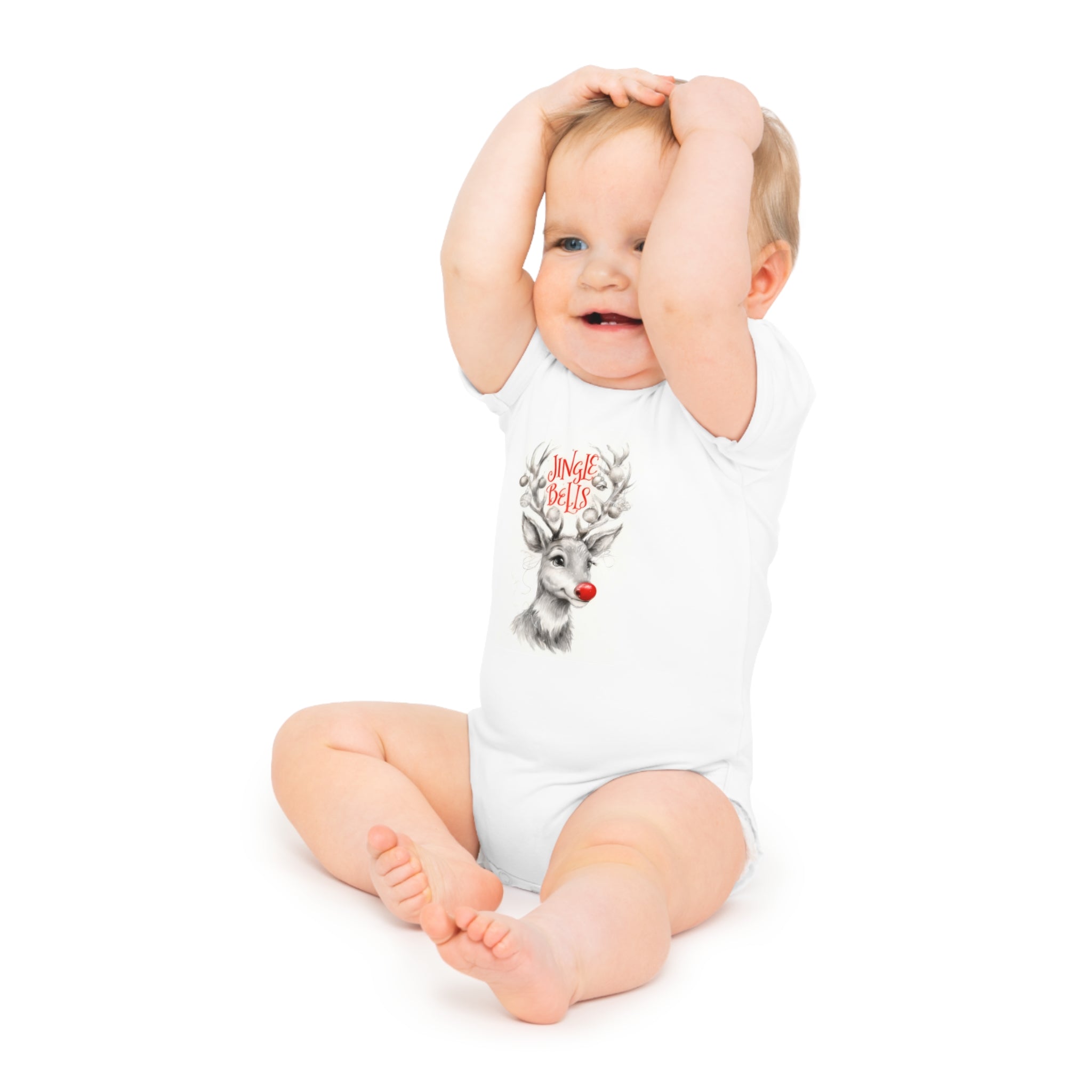 White short-sleeve baby bodysuit with reindeer "Jingle Bells" chest print