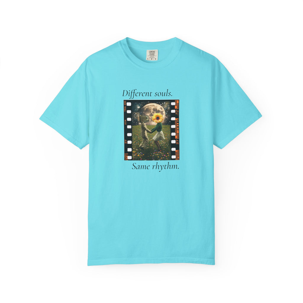 Light blue crewneck T-shirt with sunflower filmstrip graphic and “Different souls” and “Same rhythm”.