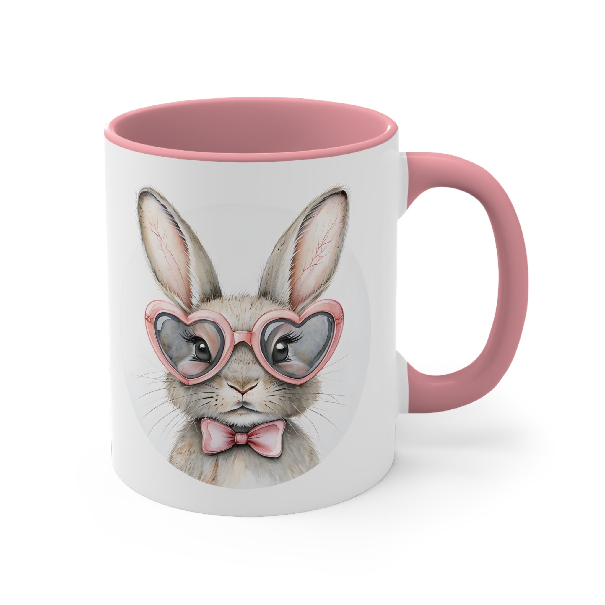 White ceramic bunny mug with pink handle and rim, close-up bunny with glasses and bow