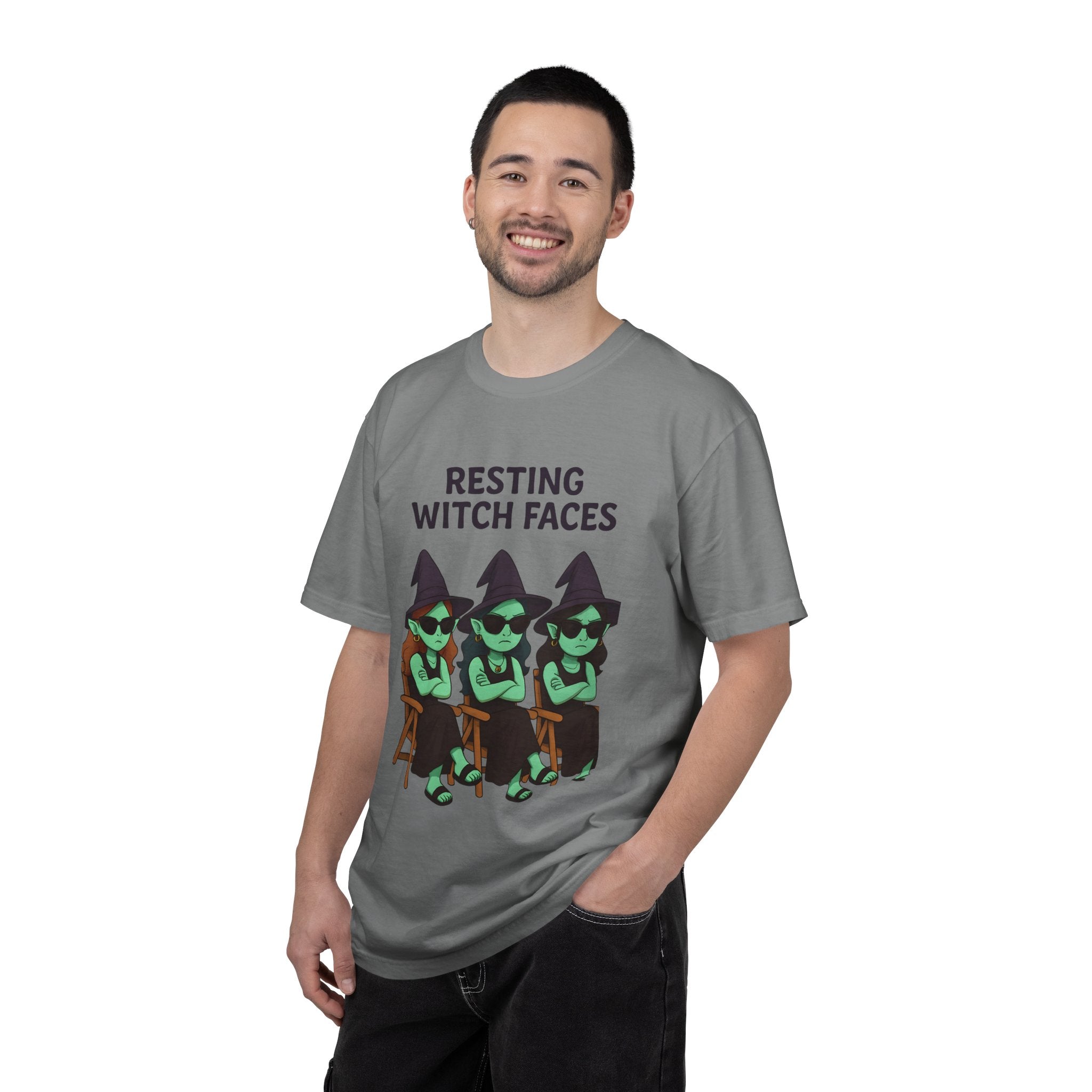 Gray crew-neck graphic T-shirt with witch faces print