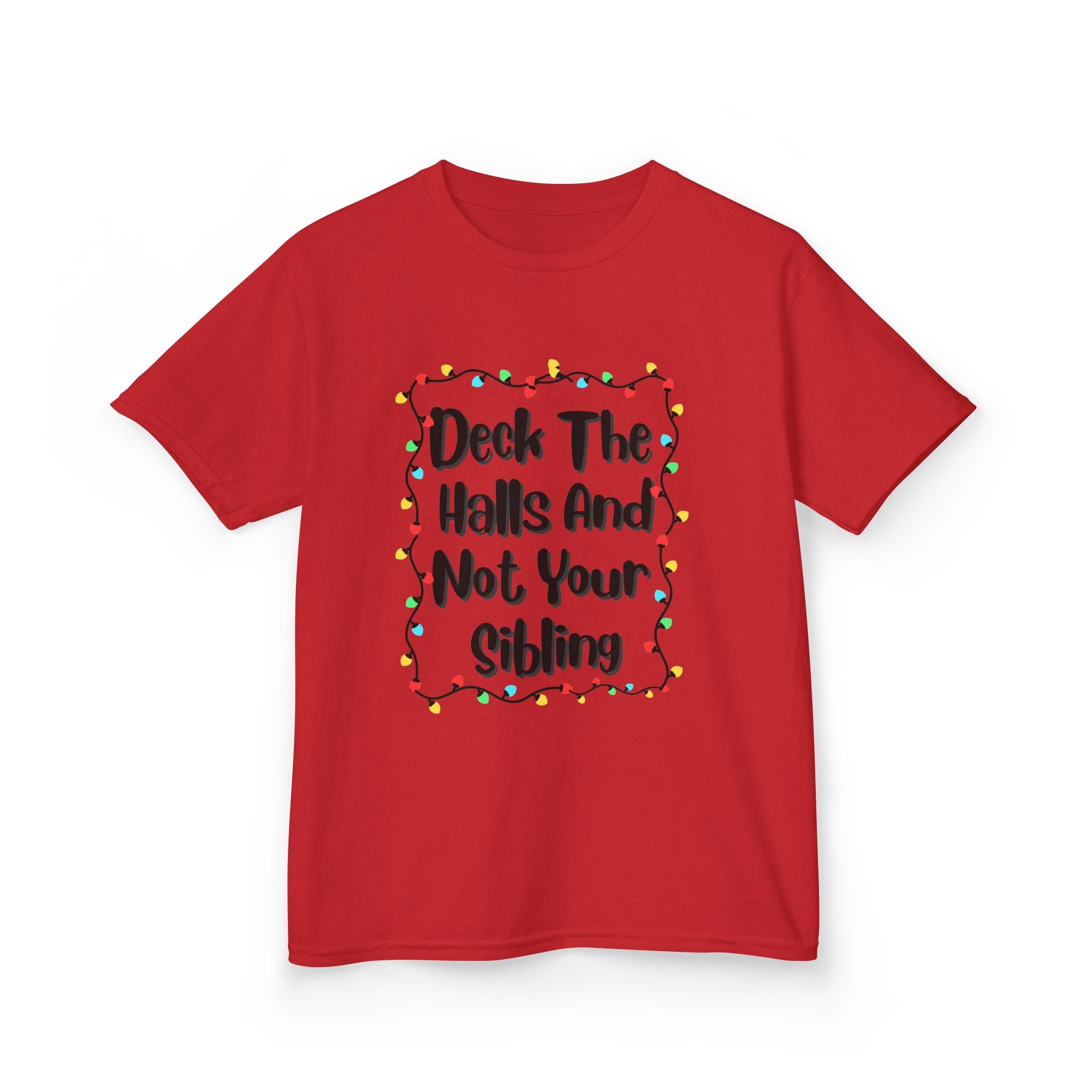 Red kids graphic tee with colorful holiday lights border and readable slogan