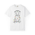 White puppy T-shirt with dog wrapped in colorful holiday lights graphic